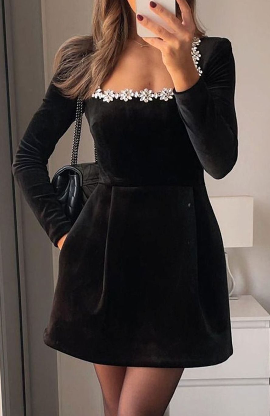 Women's Velvet Mini Dress Long-Sleeve Jewel-Trim Square-Neck - Black
