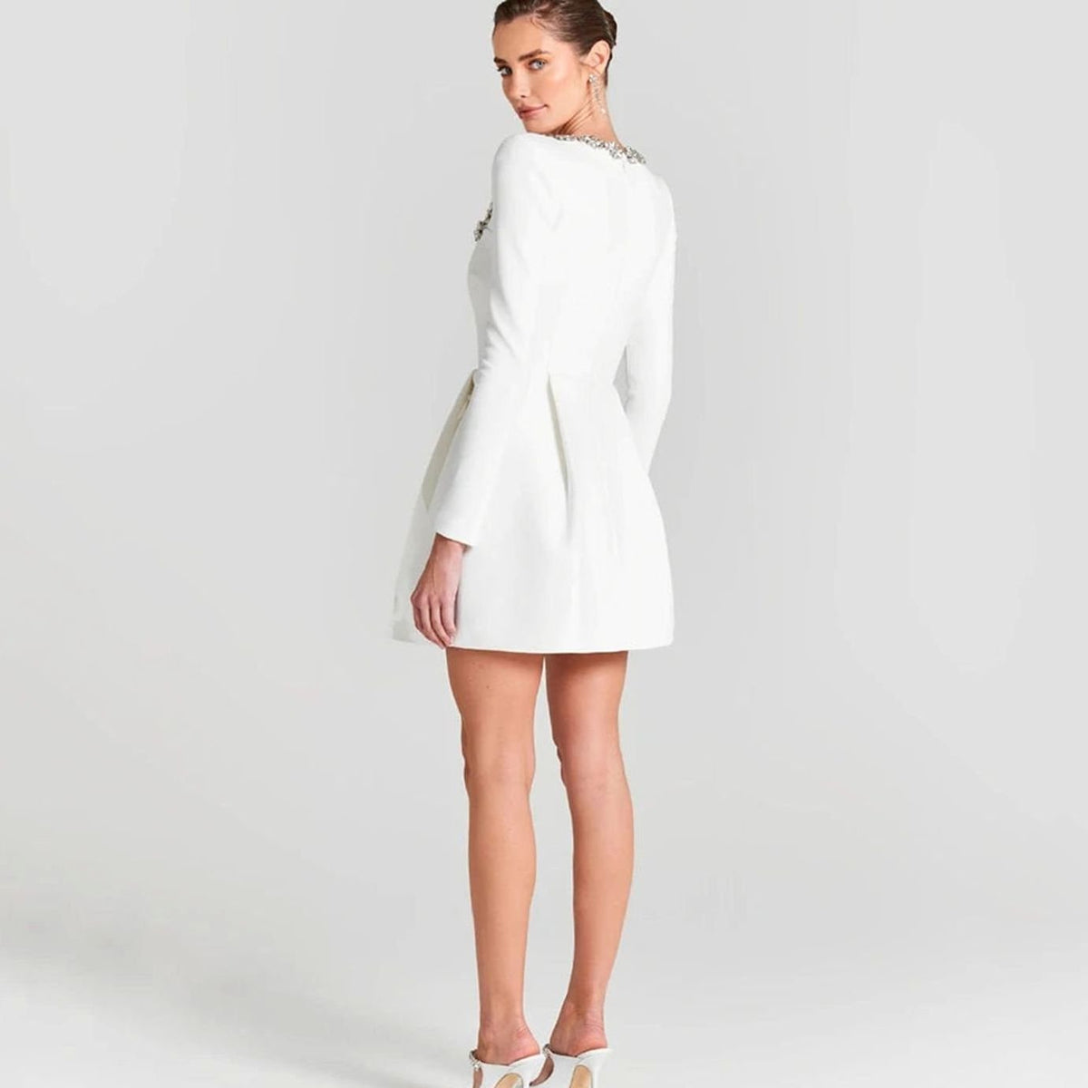 Women's Velvet Mini Dress Long-Sleeve Jewel-Trim Square-Neck