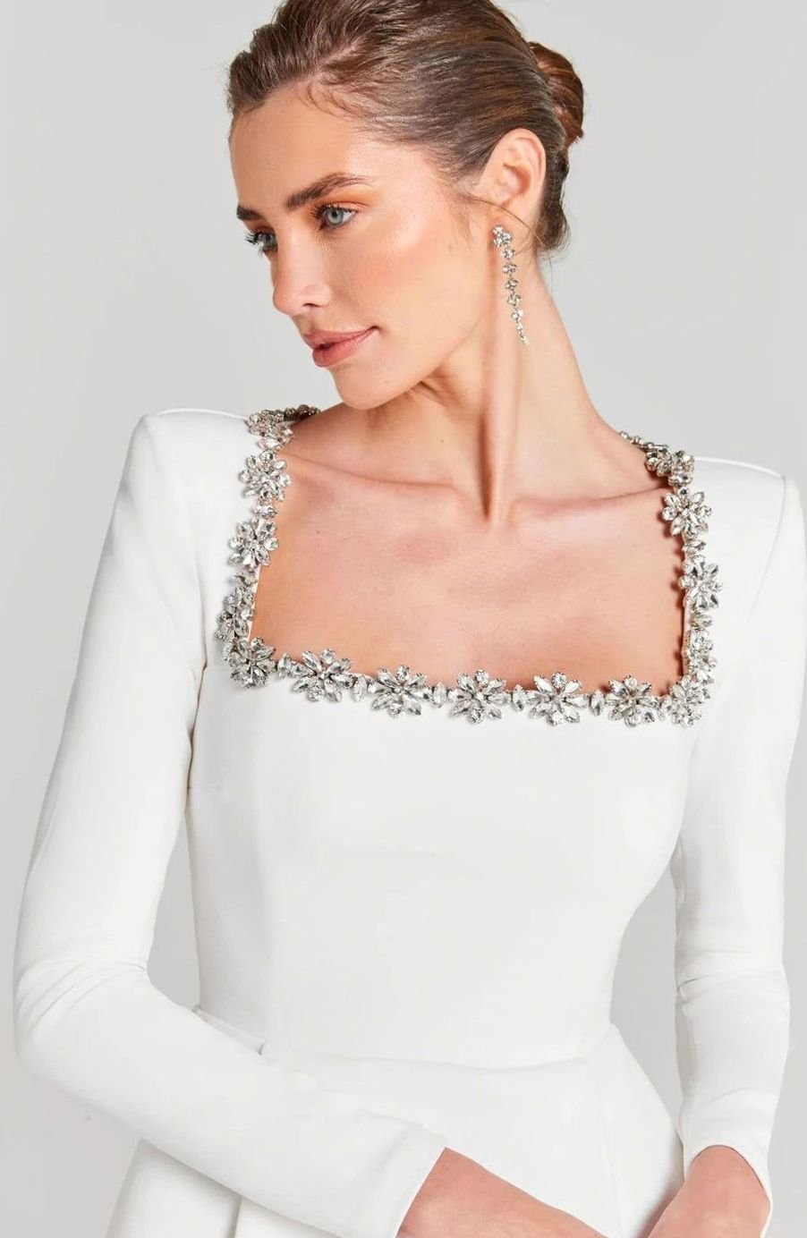 Women's Velvet Mini Dress Long-Sleeve Jewel-Trim Square-Neck