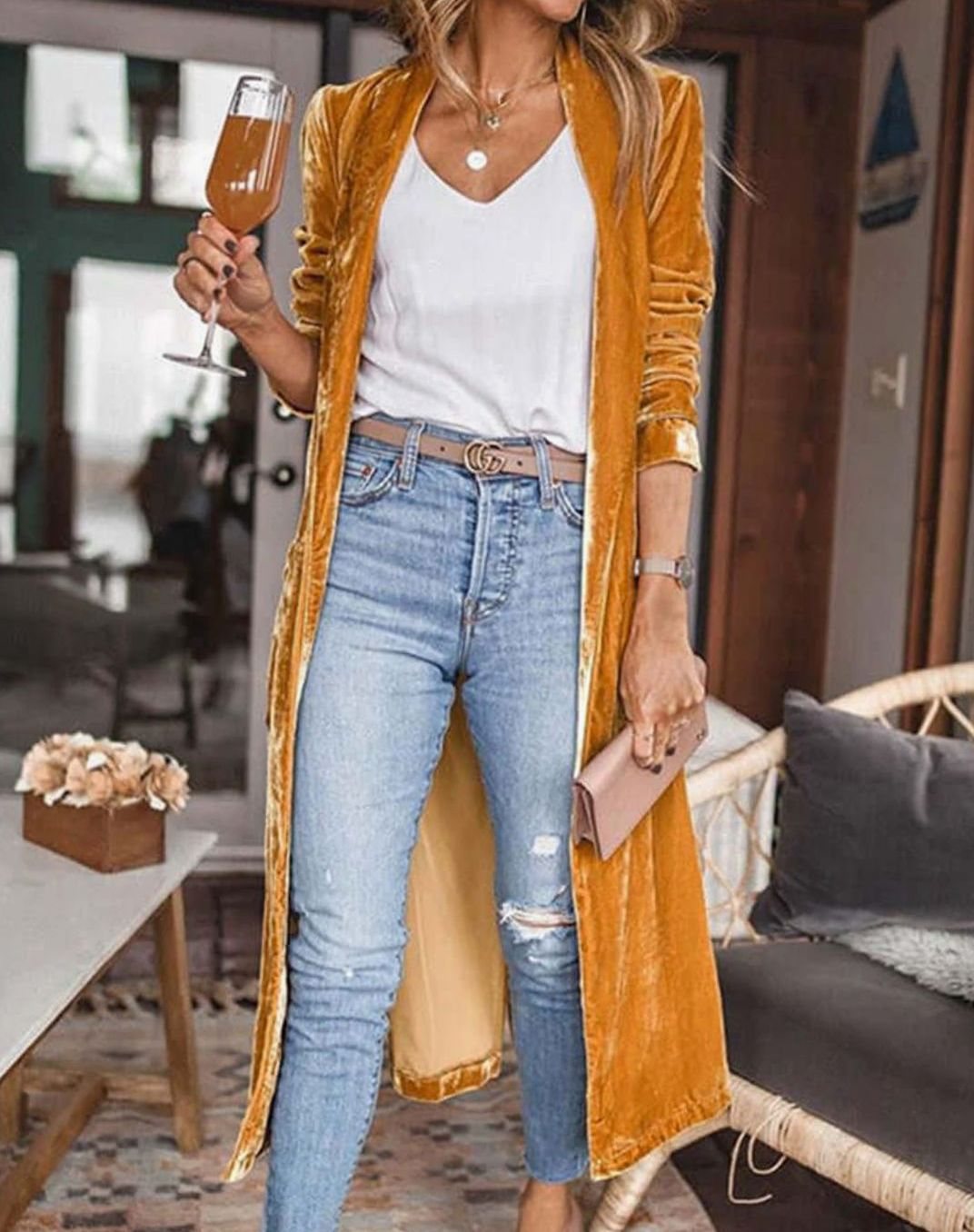 Women's Velvet Open-Front Longline Duster Cardigan