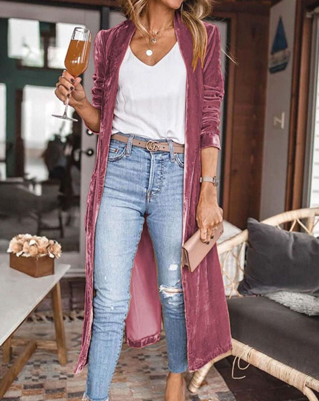 Women's Velvet Open-Front Longline Duster Cardigan - Purple