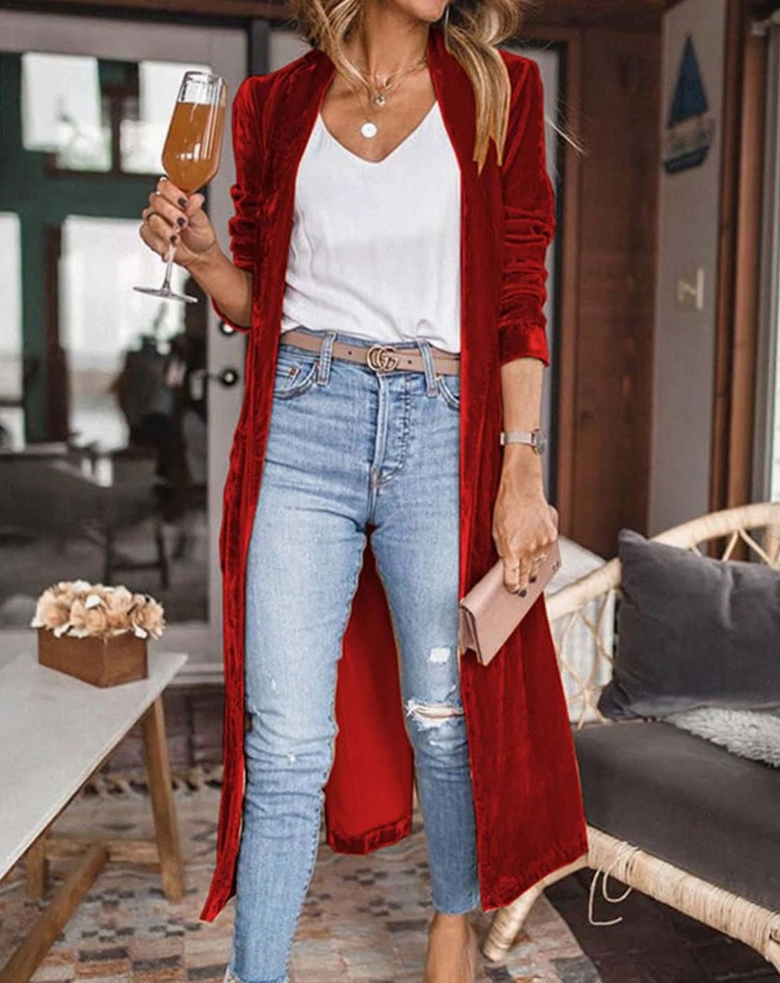 Women's Velvet Open-Front Longline Duster Cardigan - Red