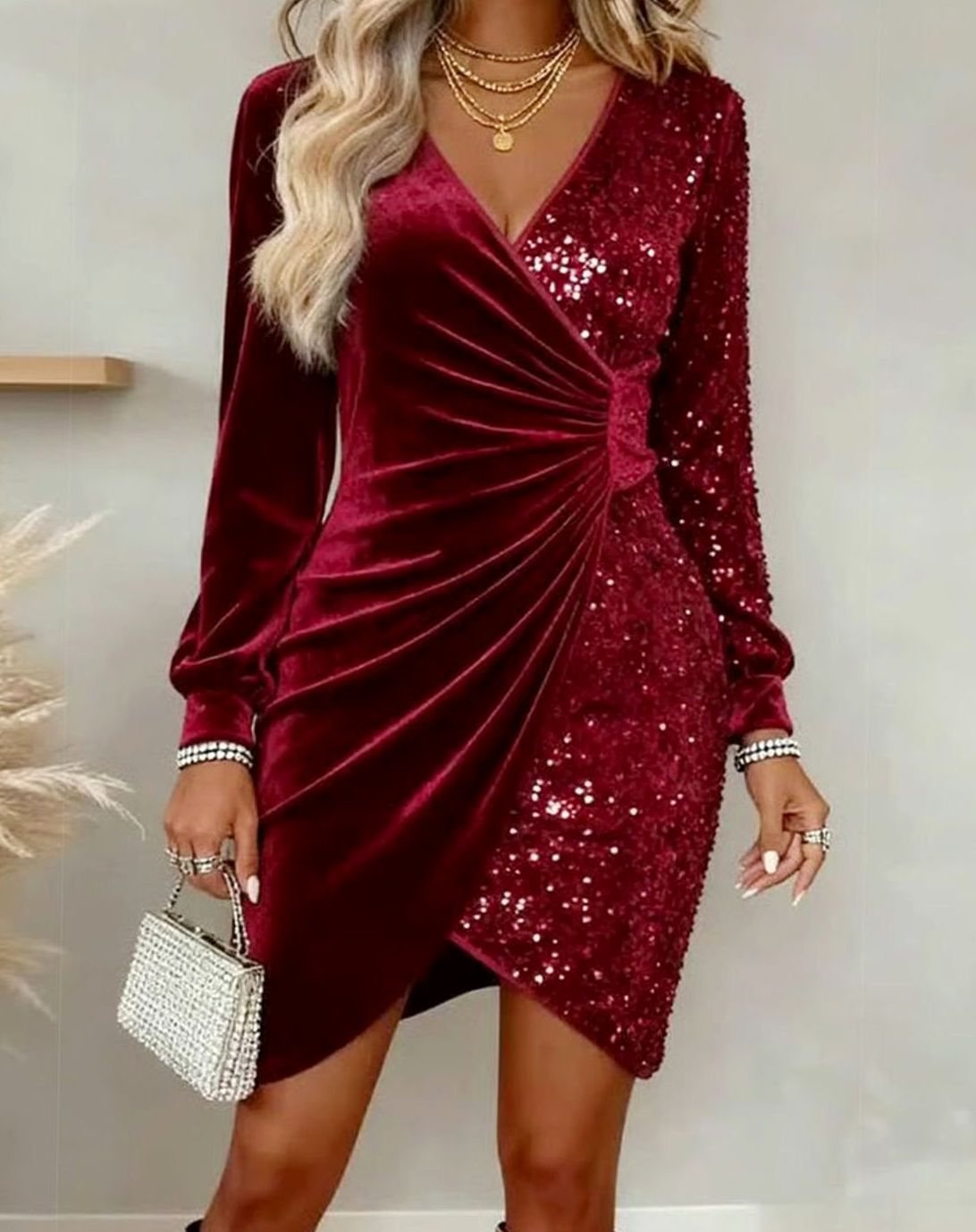 Women's Velvet Sequin Christmas Party Dress Long-Sleeve Wrap Mini - Red