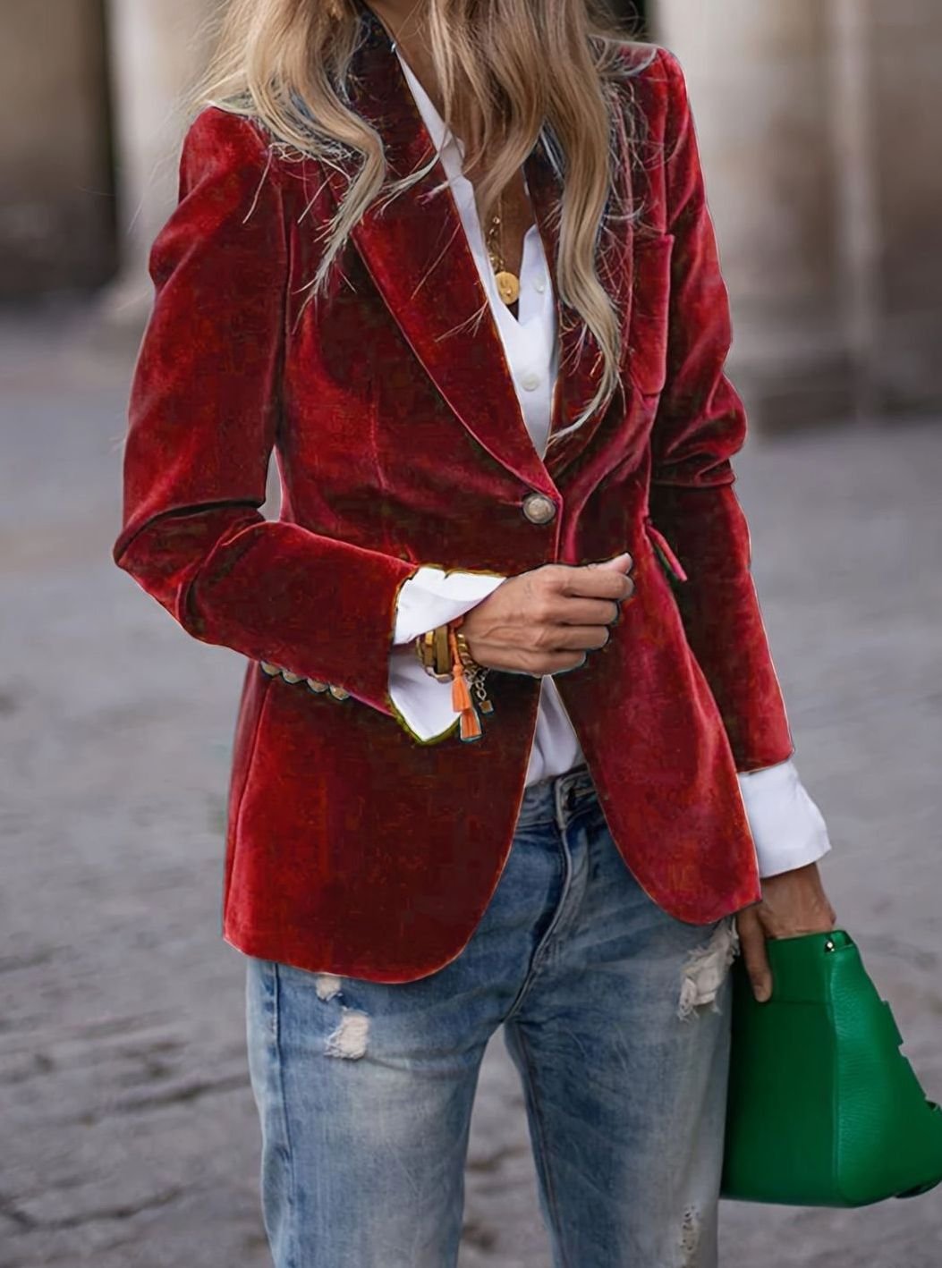 Women's Velvet Single-Button Relaxed Casual Blazer Jacket - Dark Red