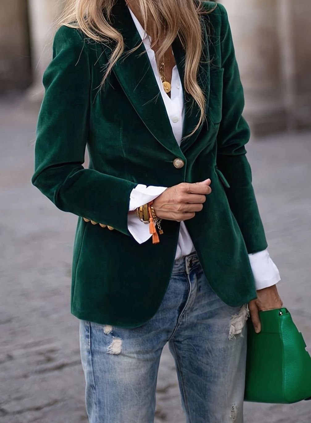 Women's Velvet Single-Button Relaxed Casual Blazer Jacket - Dark Green