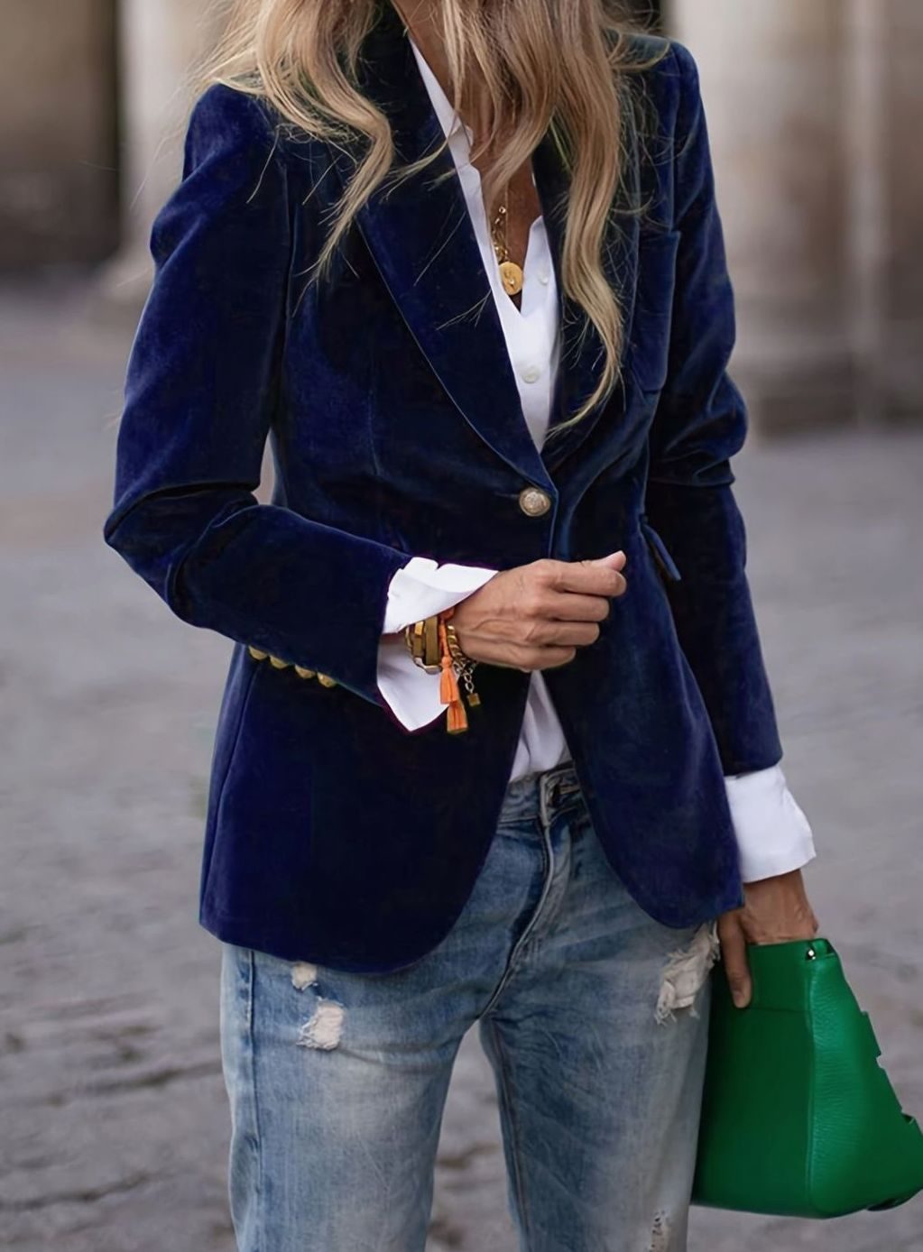Women's Velvet Single-Button Relaxed Casual Blazer Jacket - Navy Blue