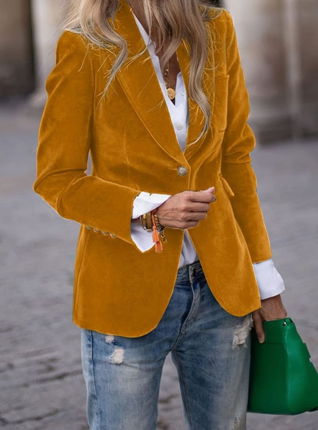Women's Velvet Single-Button Relaxed Casual Blazer Jacket - Ginger