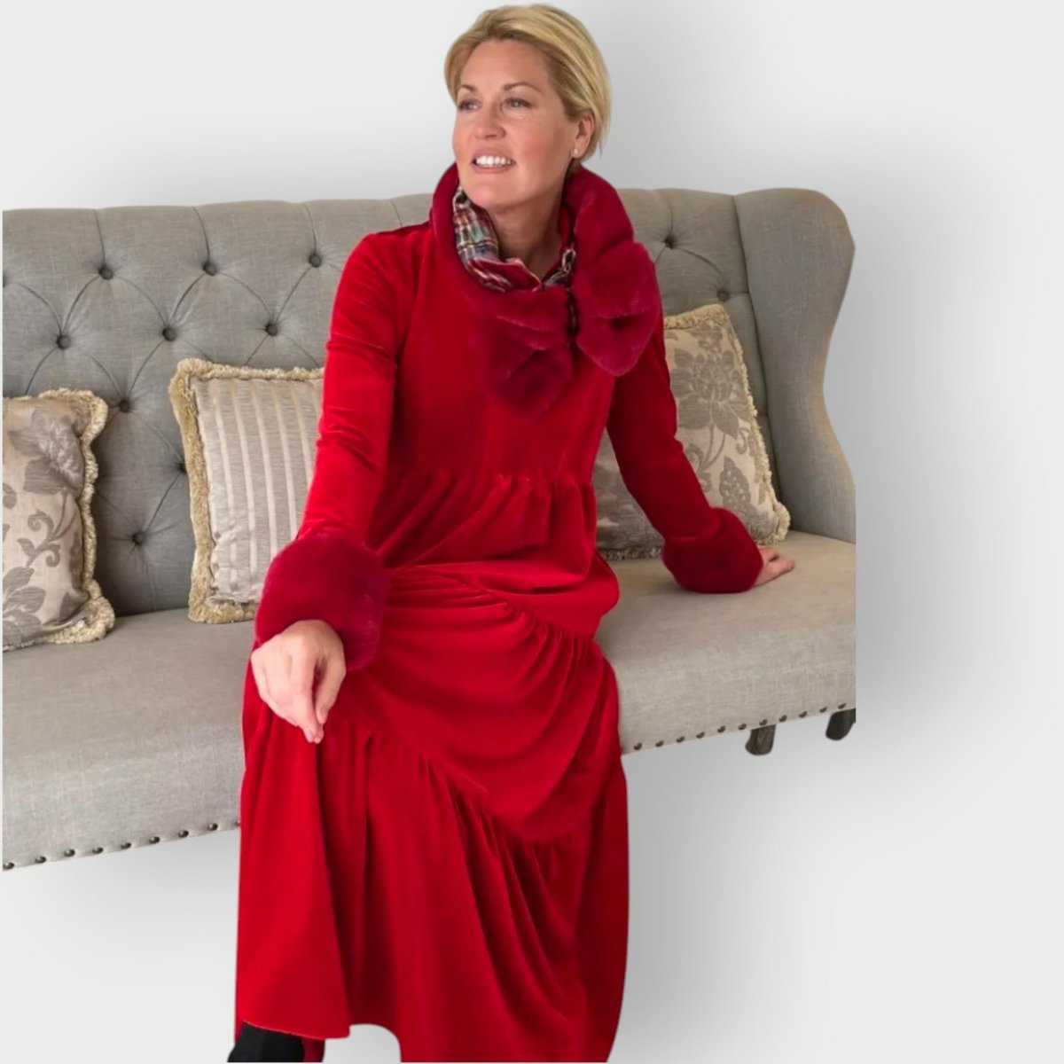 Women's Velvet Tiered Maxi Formal Dress Long Sleeve V-Neck