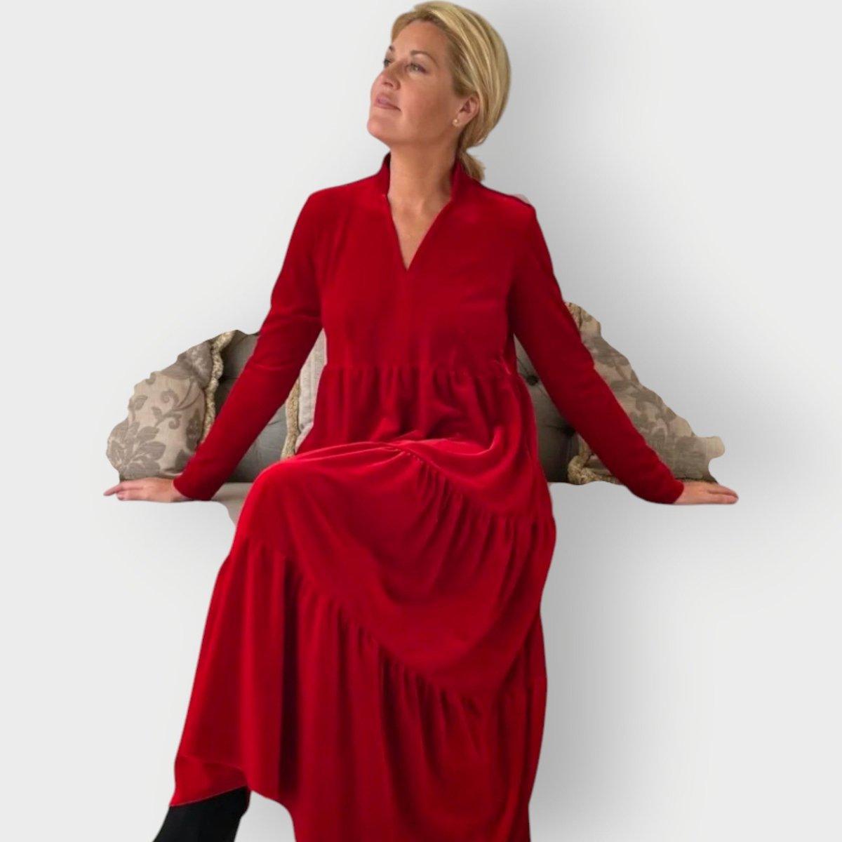 Women's Velvet Tiered Maxi Formal Dress Long Sleeve V-Neck