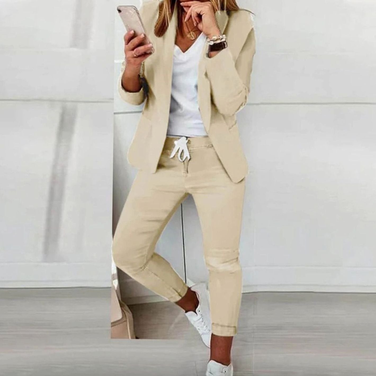 Women's Versatile Blazer Jogger Trouser Co-ord Set - Beige