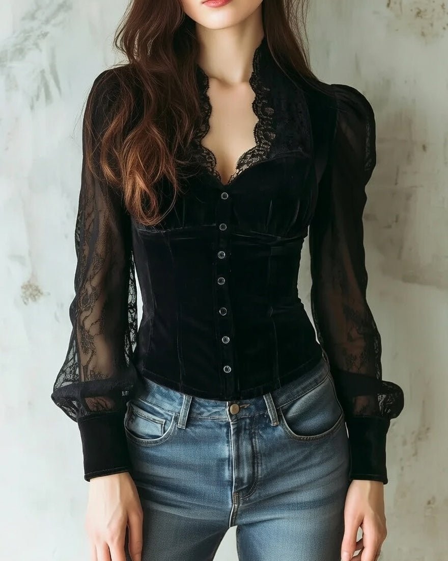Women's Victorian-Inspired Lace Sleeve Velvet Button-Front Blouse - Black