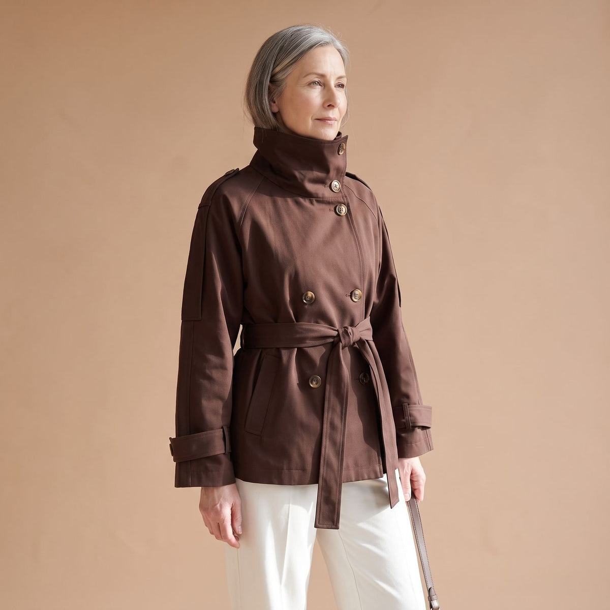 Women's Vintage Double-Breasted High-Neck Belted Trench Coat - Dark Brown