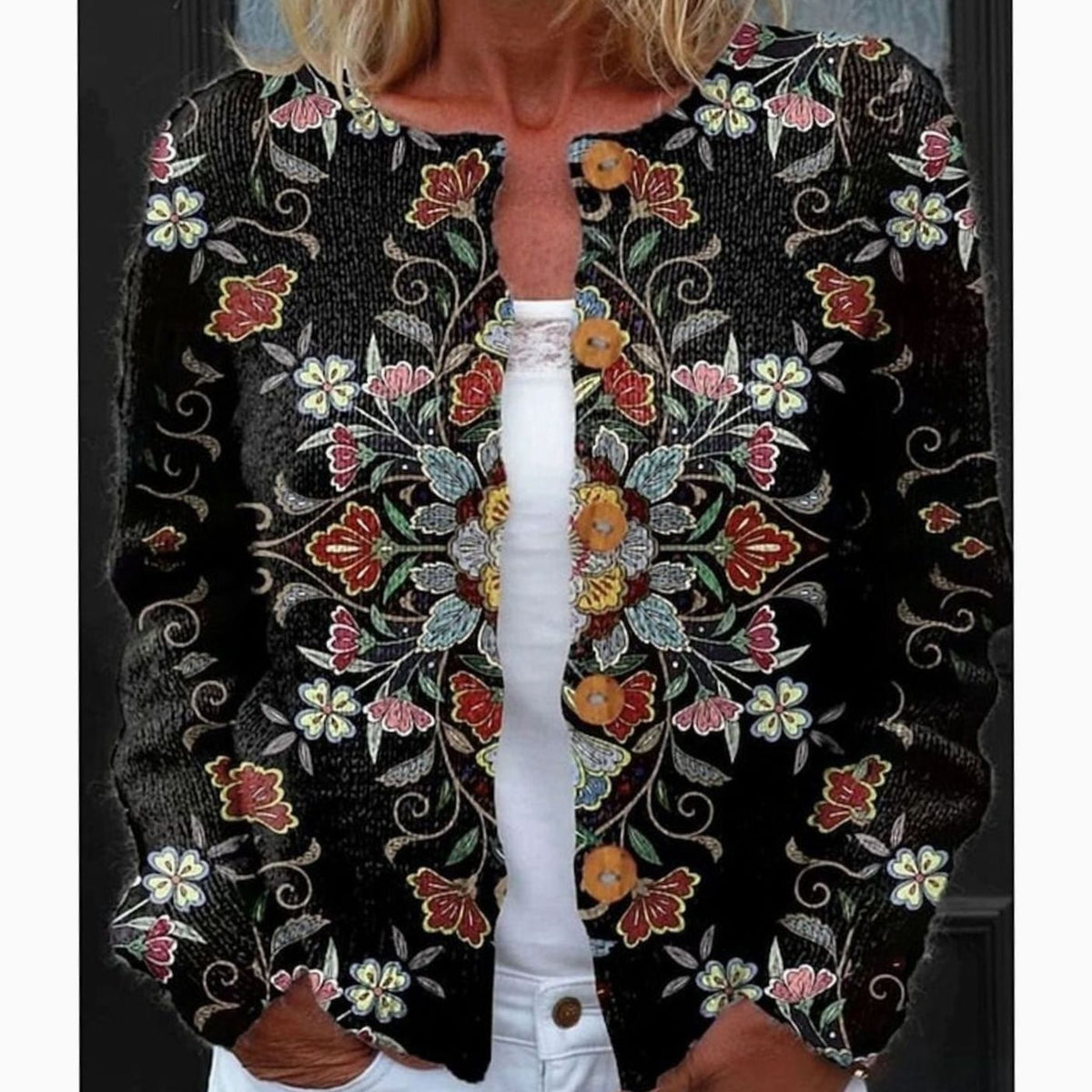 Women's Vintage Floral Button-Front Long-Sleeve Knit Cardigan - Black