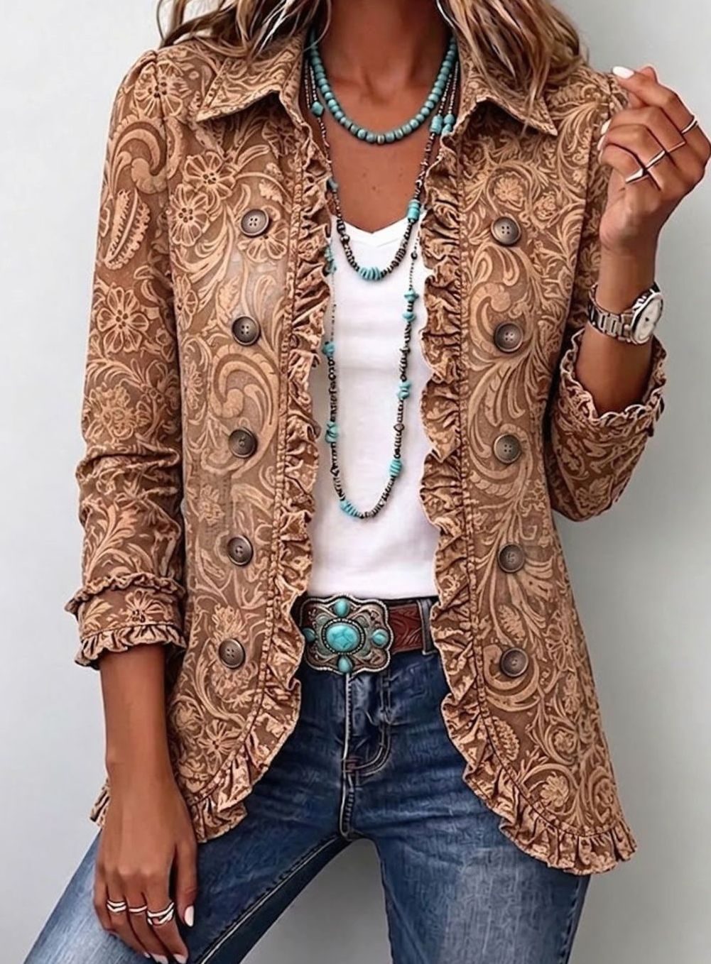 Women's Vintage Floral Print Ruffled Button-Front Jacket - Brown