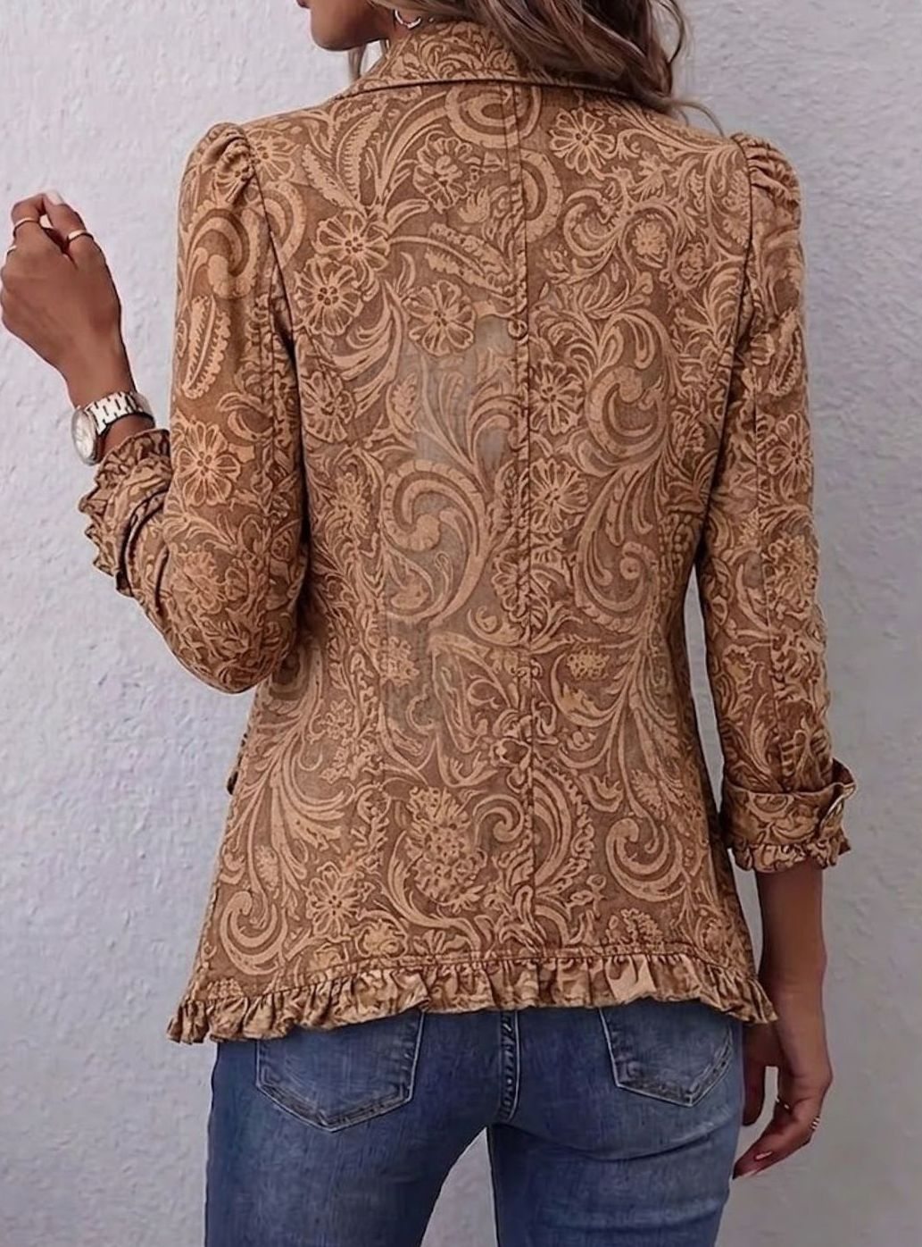 Women's Vintage Floral Print Ruffled Button-Front Jacket