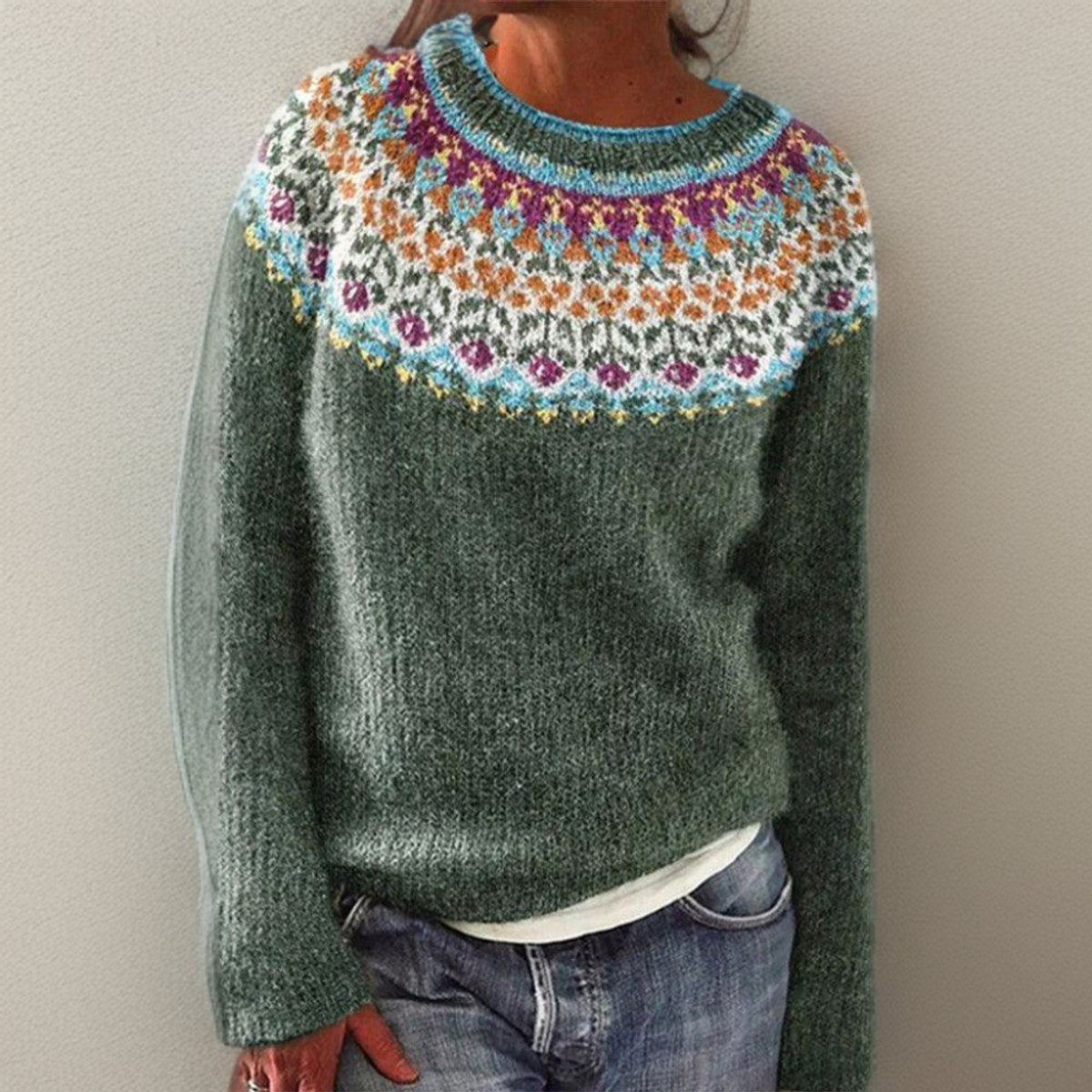 Women's Vintage Floral Yoke Icelandic Knit Sweater Pullover Jumper