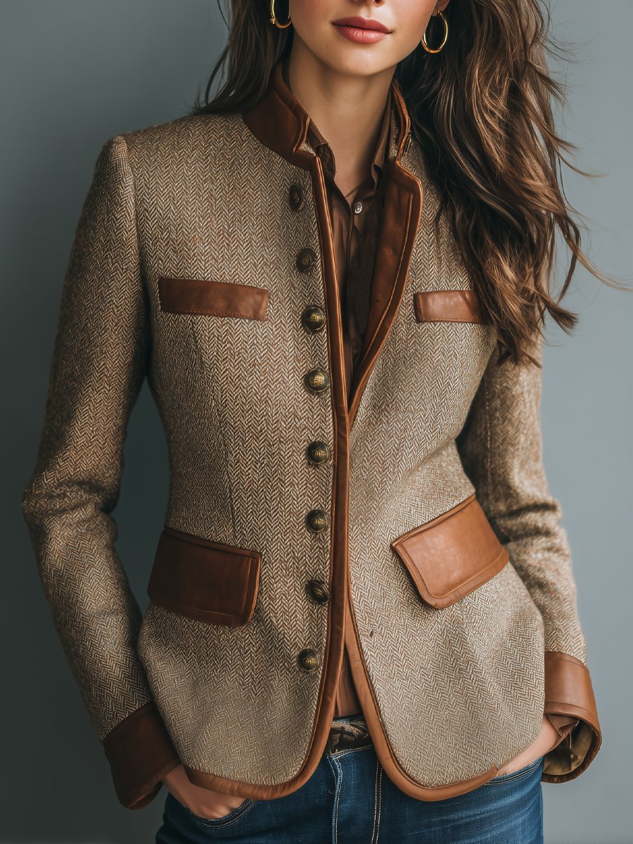 Women's Vintage Herringbone Tweed Leather-Trim Button-Up Jacket - Brown