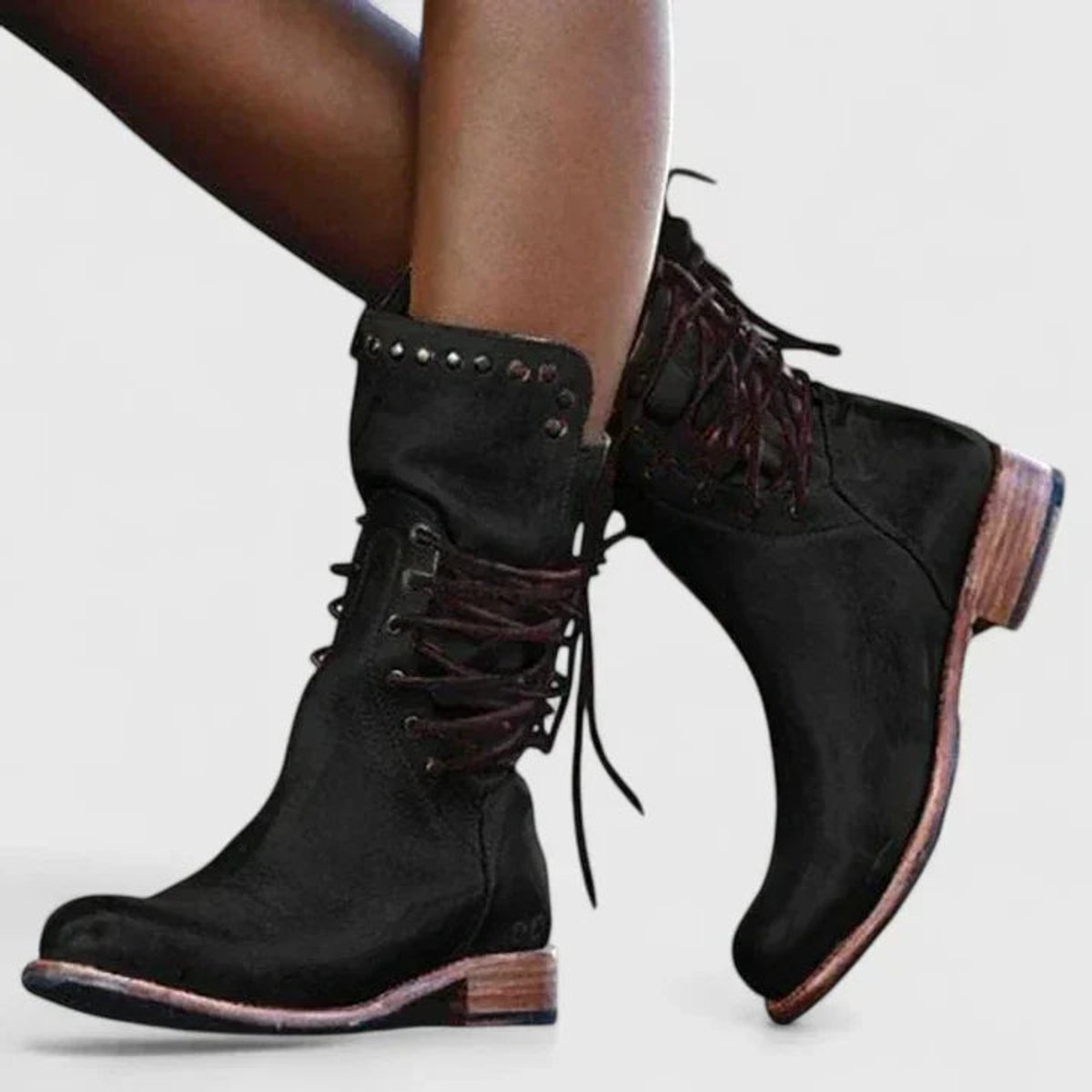 Women's Vintage Lace-Up Studded Knee High Boots - Black