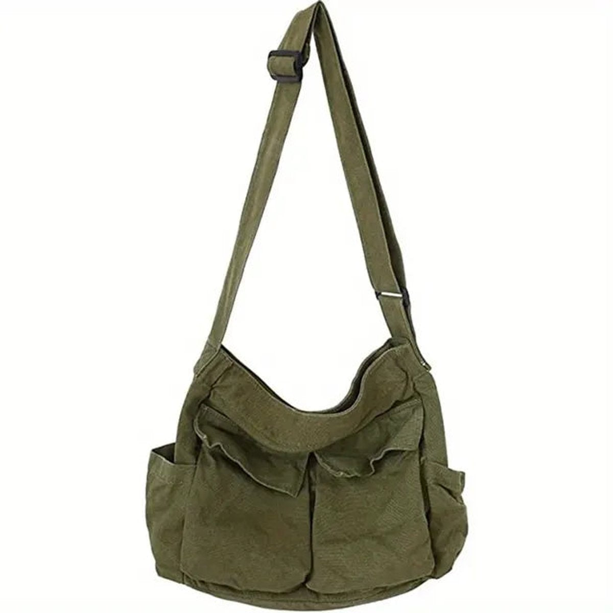 Women's Vintage Multi-Pocket Canvas Tote Bag Adjustable Shoulder Strap - Armeegrün