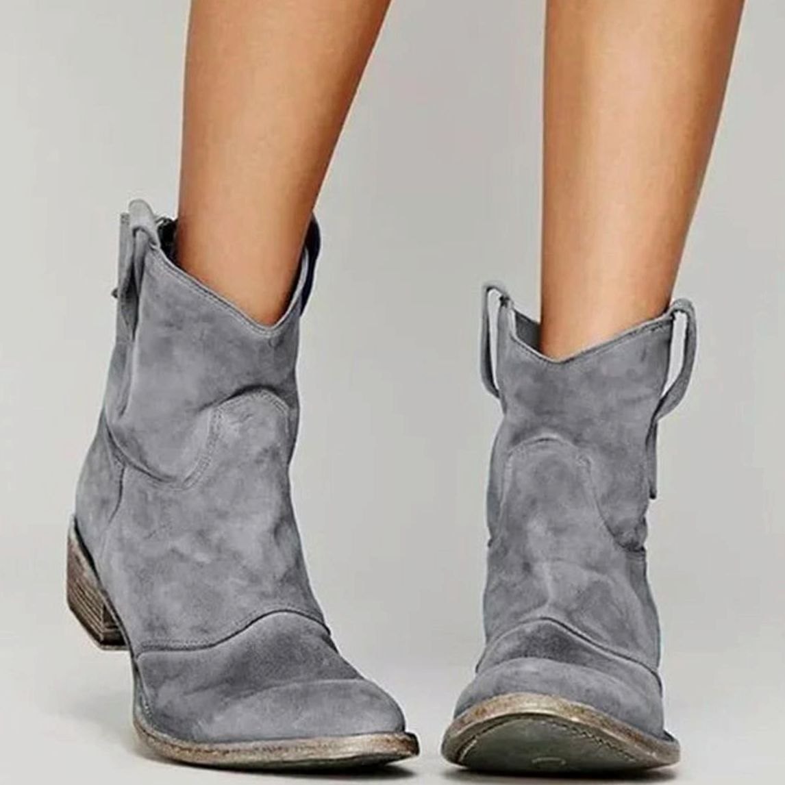 Women's Vintage Western Suede Slip-On Ankle Boots - Grey
