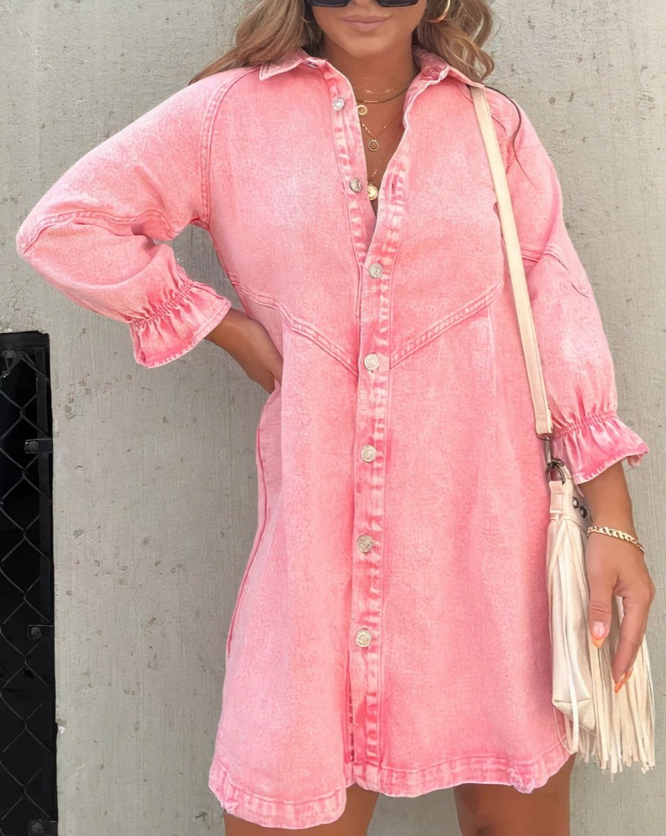 Women's Washed Denim Mini Party Dress Button-Down Ruffle Sleeve
