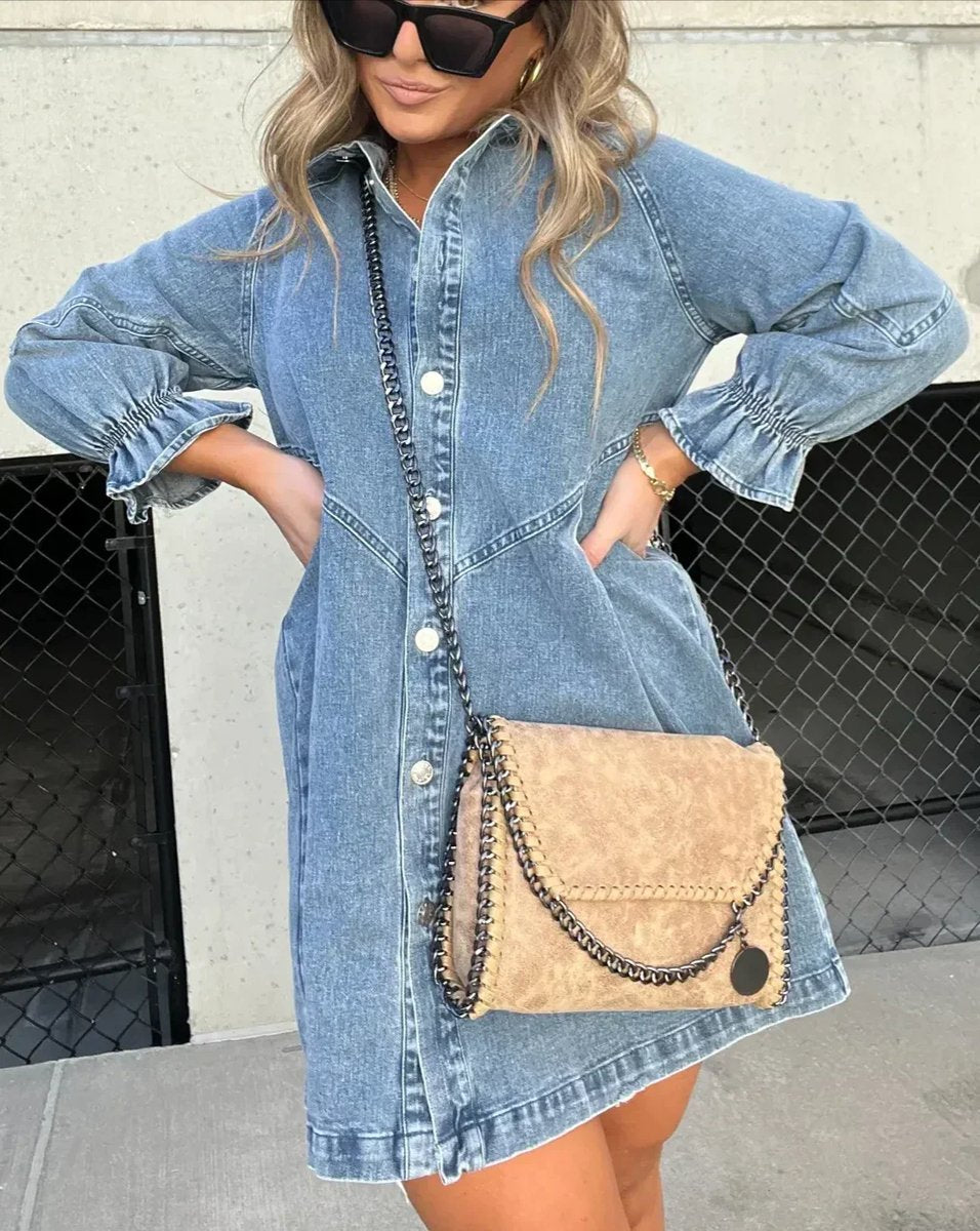 Women's Washed Denim Mini Party Dress Button-Down Ruffle Sleeve - Blue