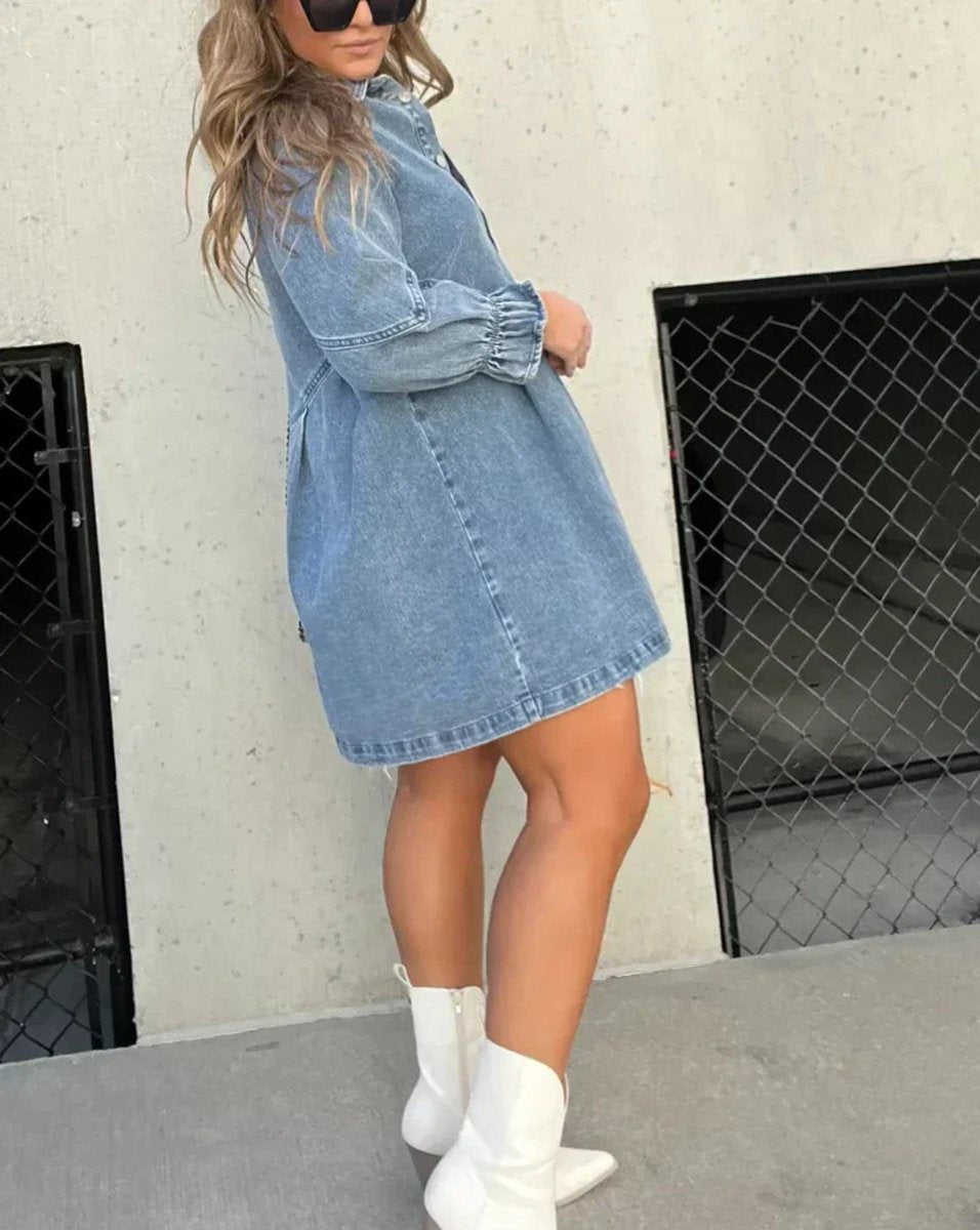 Women's Washed Denim Mini Party Dress Button-Down Ruffle Sleeve