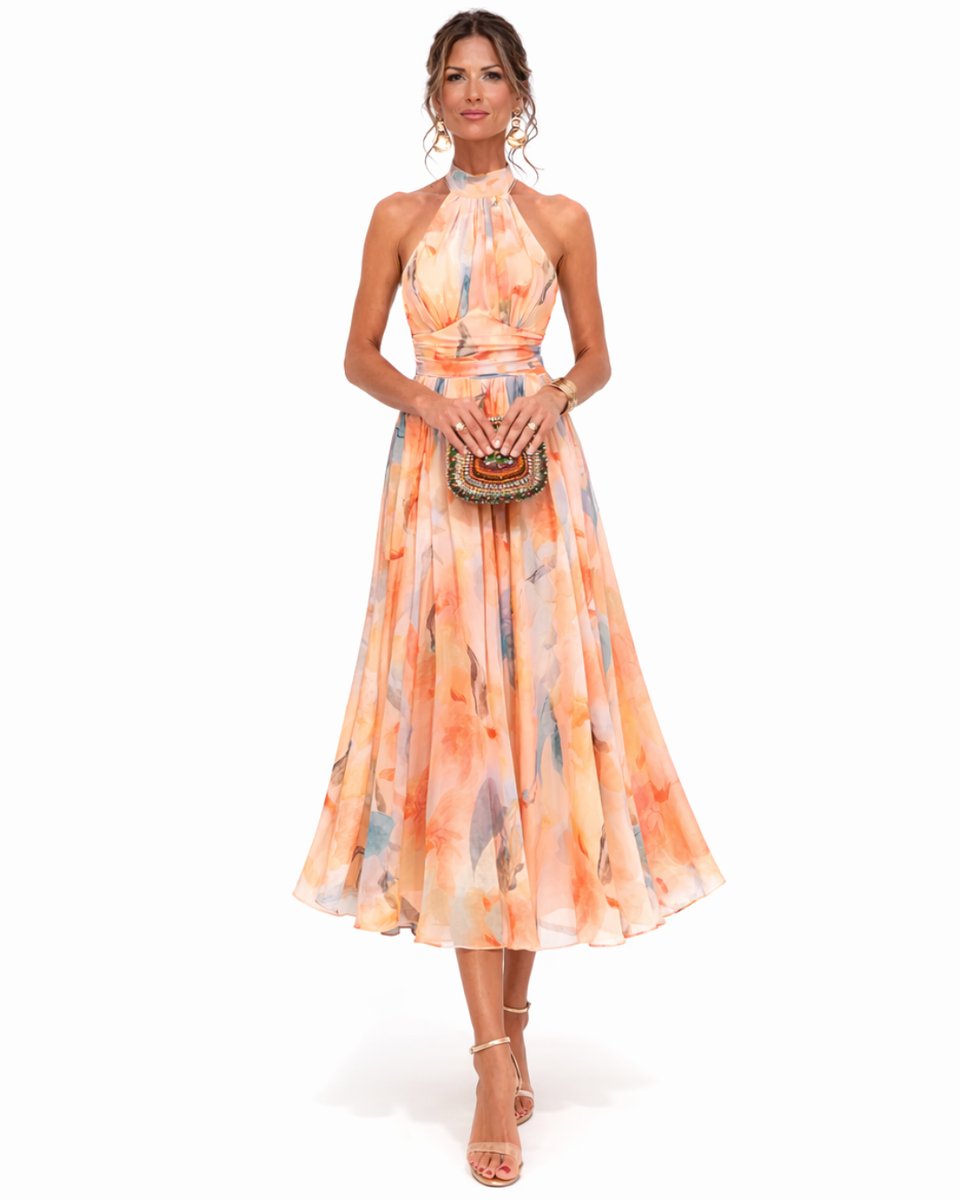 Women's Watercolour Floral Halter Neck Chiffon Midi Dress