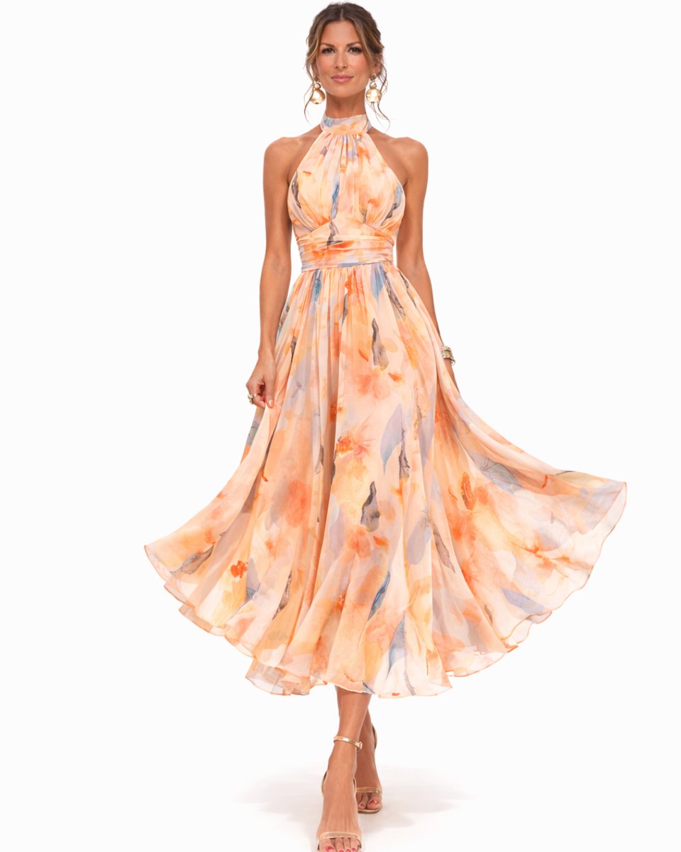 Women's Watercolour Floral Halter Neck Chiffon Midi Dress