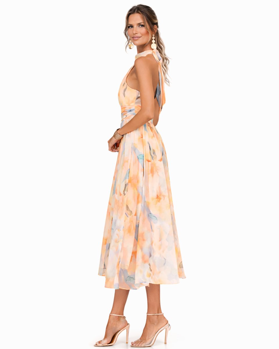 Women's Watercolour Floral Halter Neck Chiffon Midi Dress