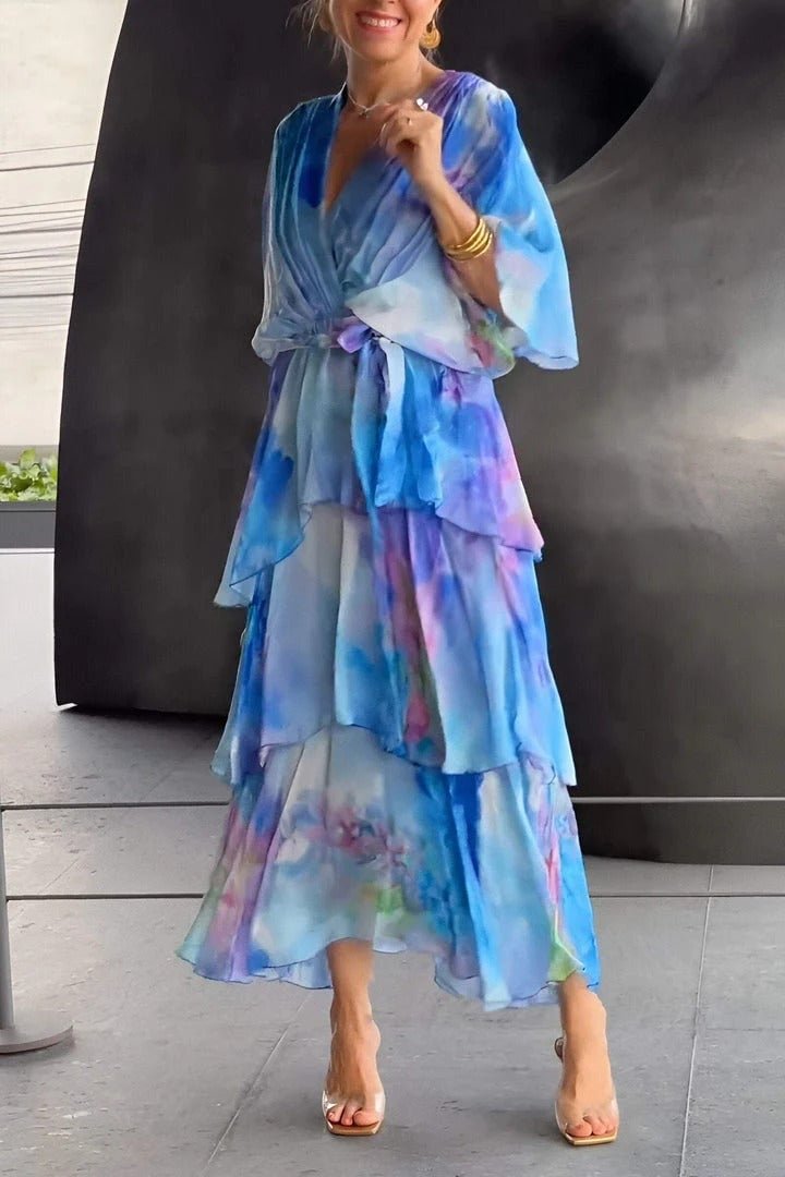 Women's Watercolour Floral Tiered Chiffon Wrap Maxi Dress - Blue