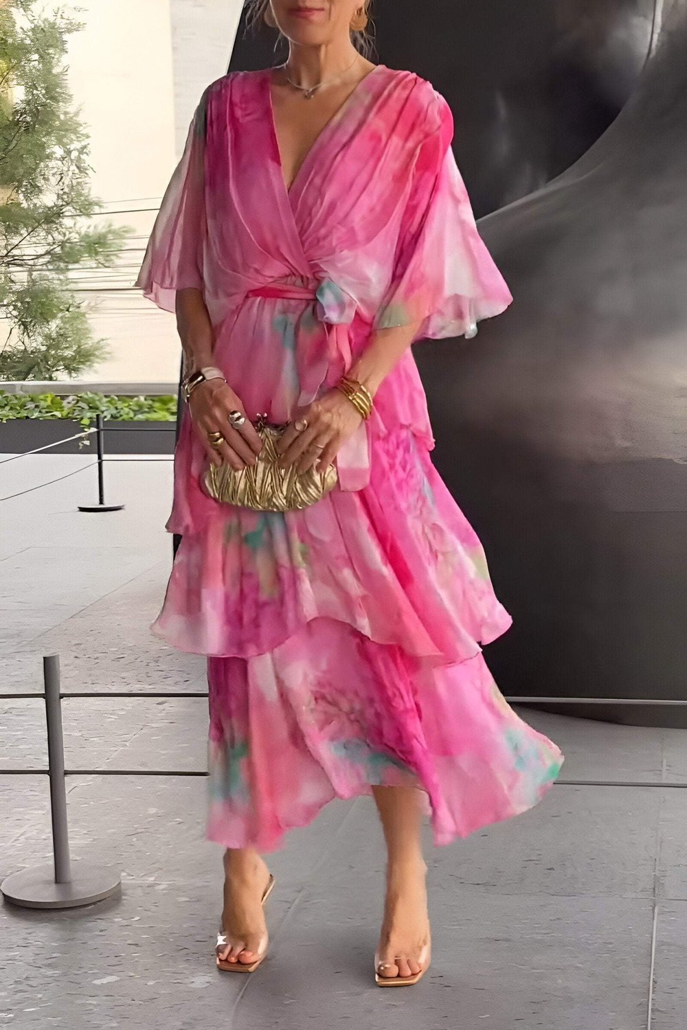 Women's Watercolour Floral Tiered Chiffon Wrap Maxi Dress - Pink