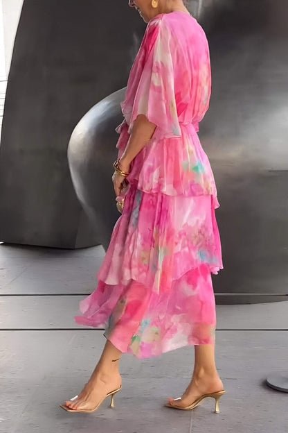 Women's Watercolour Floral Tiered Chiffon Wrap Maxi Dress