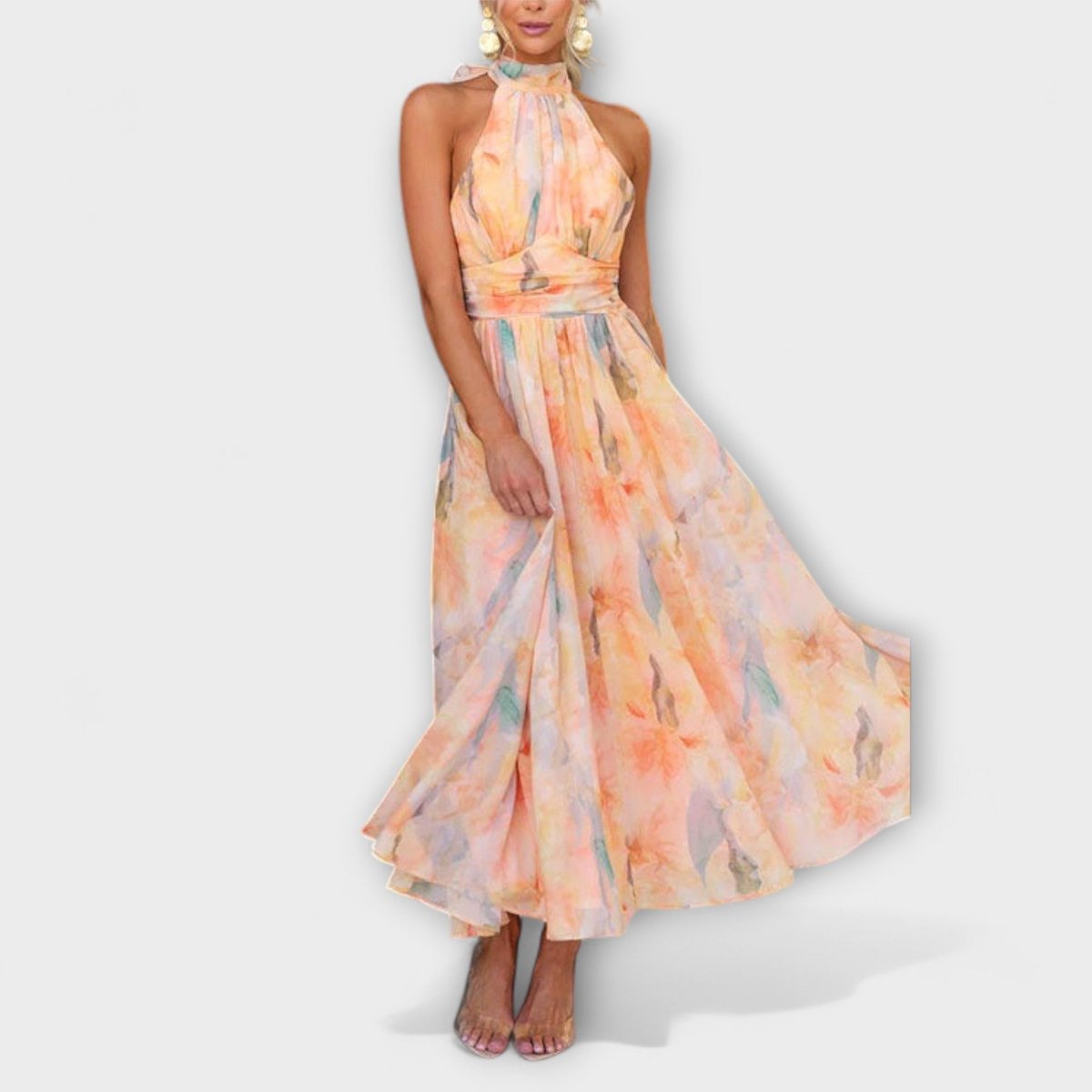 Women's Watercolour Print Halter Neck Cocktail Party Dress Maxi