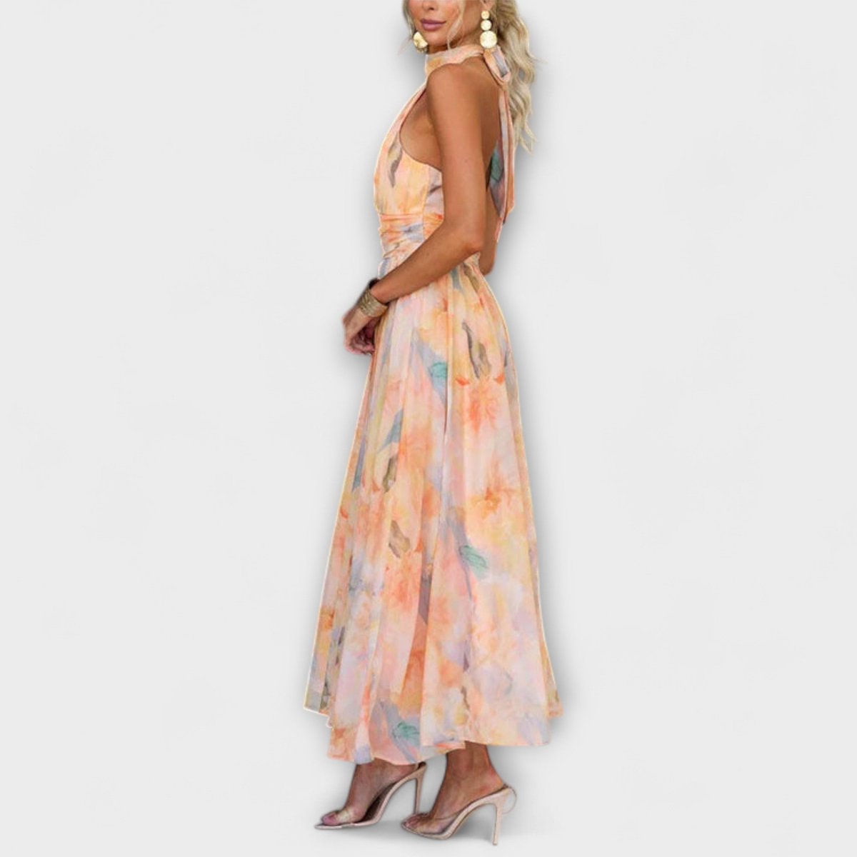 Women's Watercolour Print Halter Neck Cocktail Party Dress Maxi