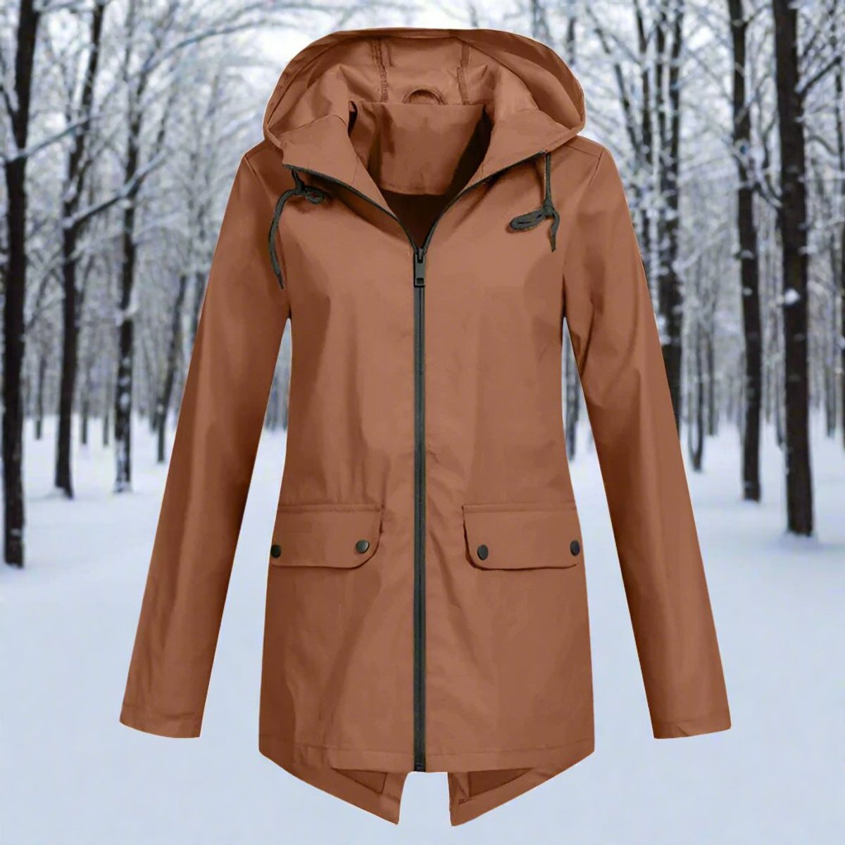 Women's Waterproof Hooded Zip-Up Rain Jacket Adjustable Cuffs - Coffee