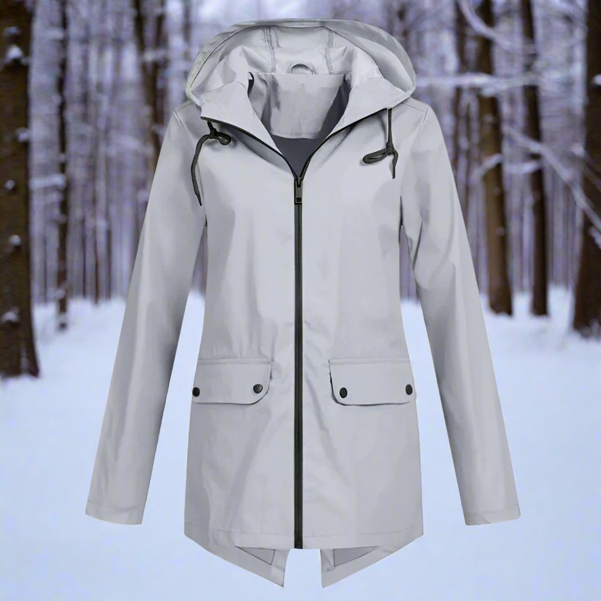 Women's Waterproof Hooded Zip-Up Rain Jacket Adjustable Cuffs - Grey