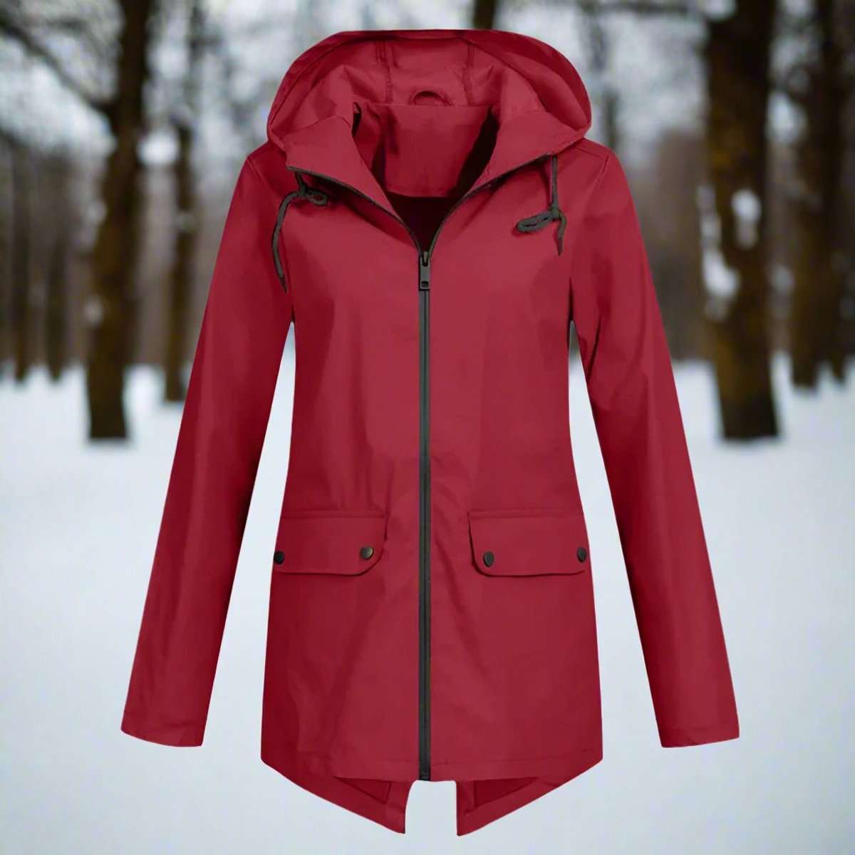 Women's Waterproof Hooded Zip-Up Rain Jacket Adjustable Cuffs - Wine Red