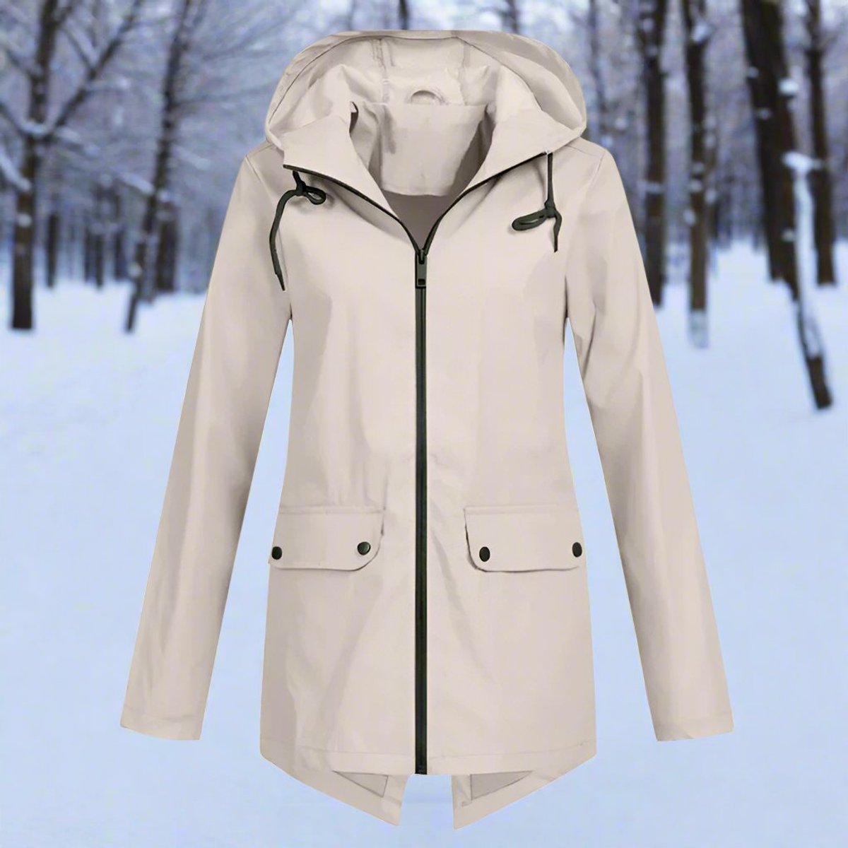 Women's Waterproof Hooded Zip-Up Rain Jacket Adjustable Cuffs - Apricot