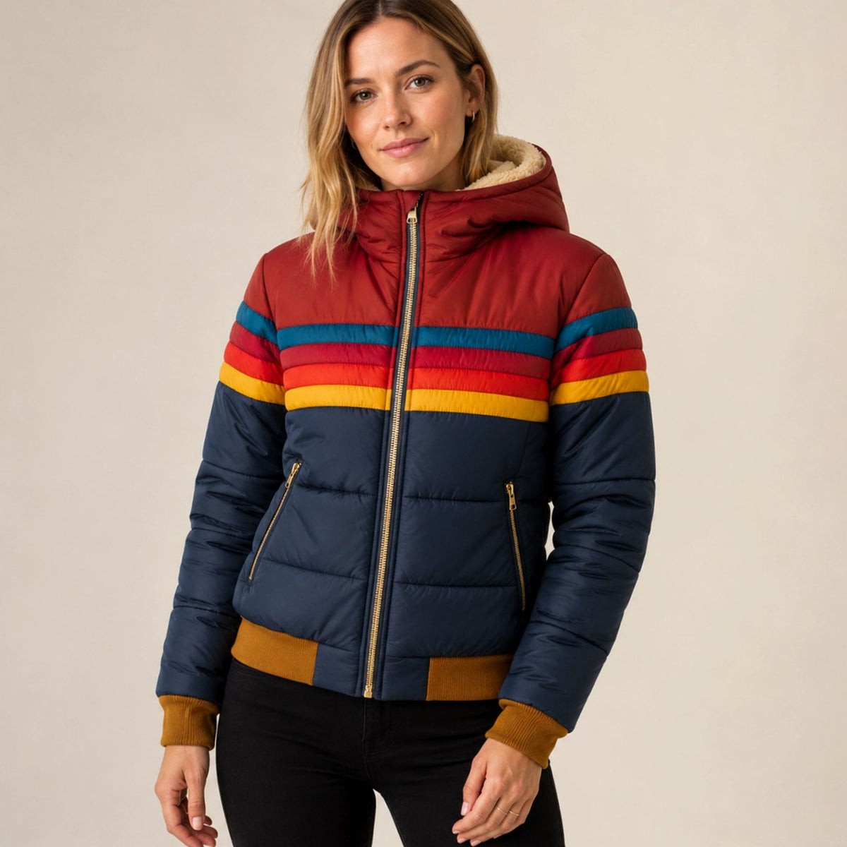 Women's Waterproof Insulated Striped Hooded Puffer Jacket - Navy