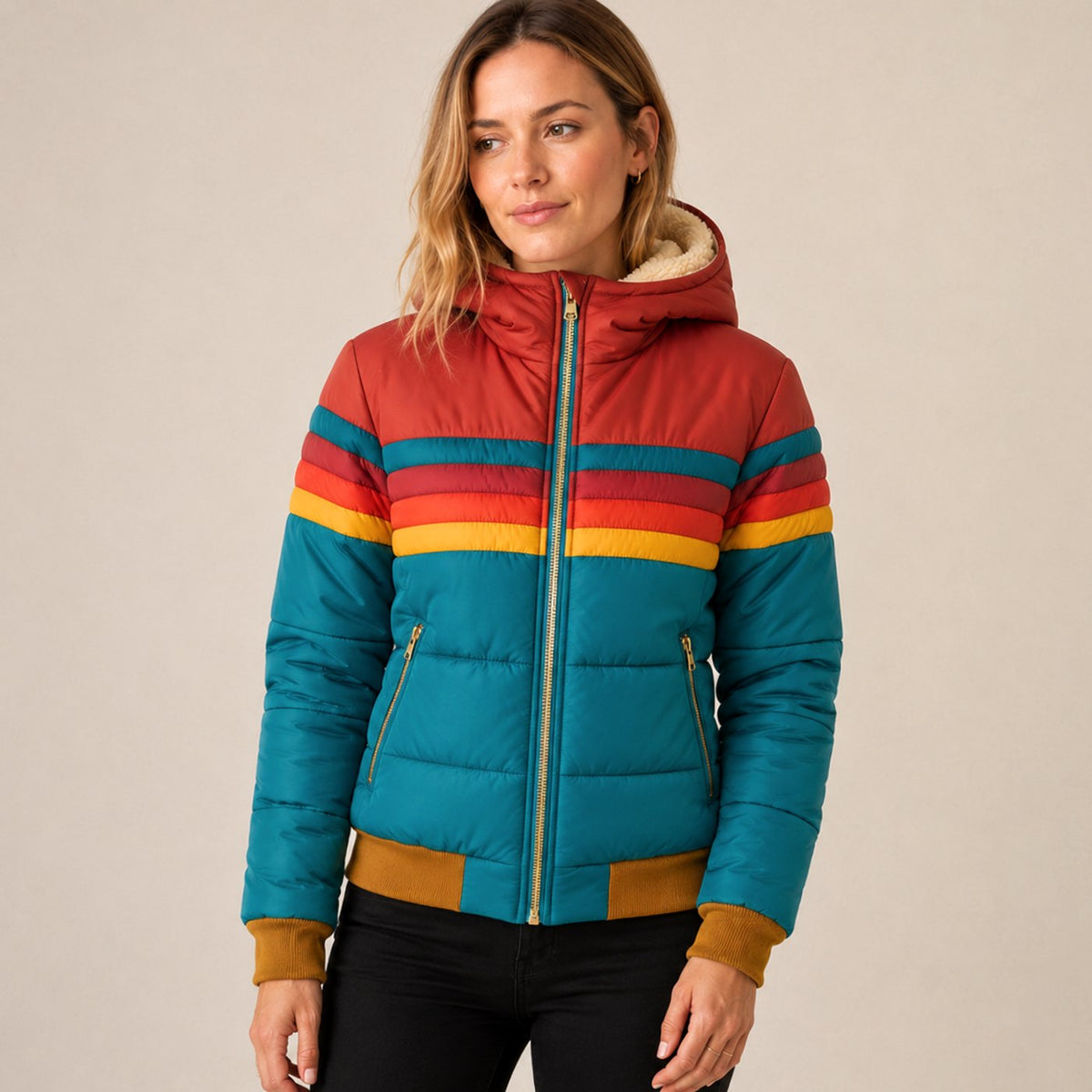 Women's Waterproof Insulated Striped Hooded Puffer Jacket - Blue