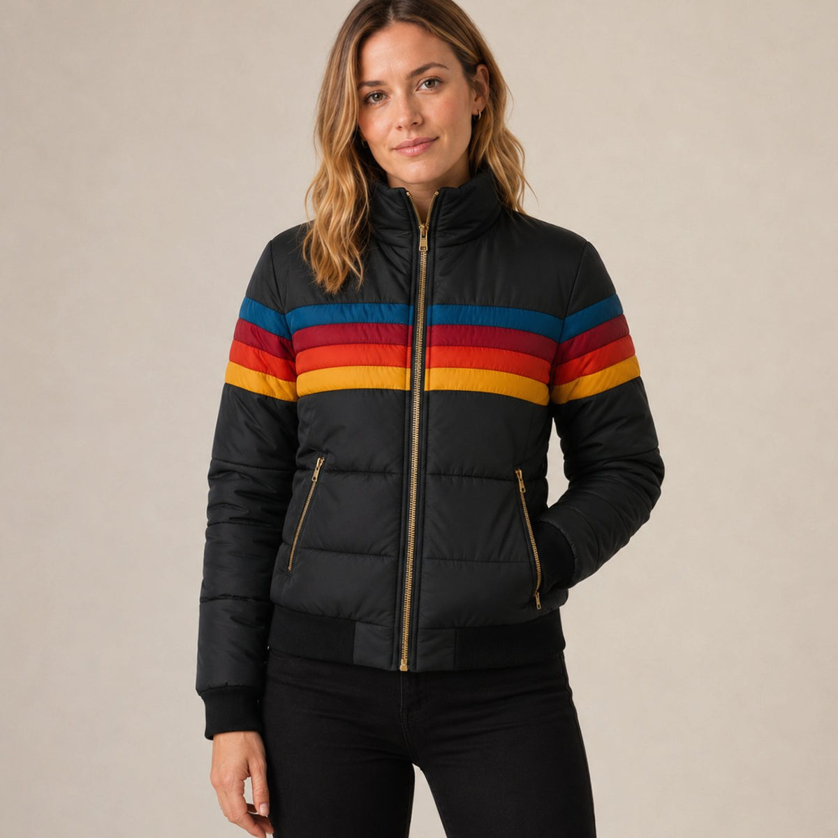 Women's Waterproof Insulated Striped Hooded Puffer Jacket - Black