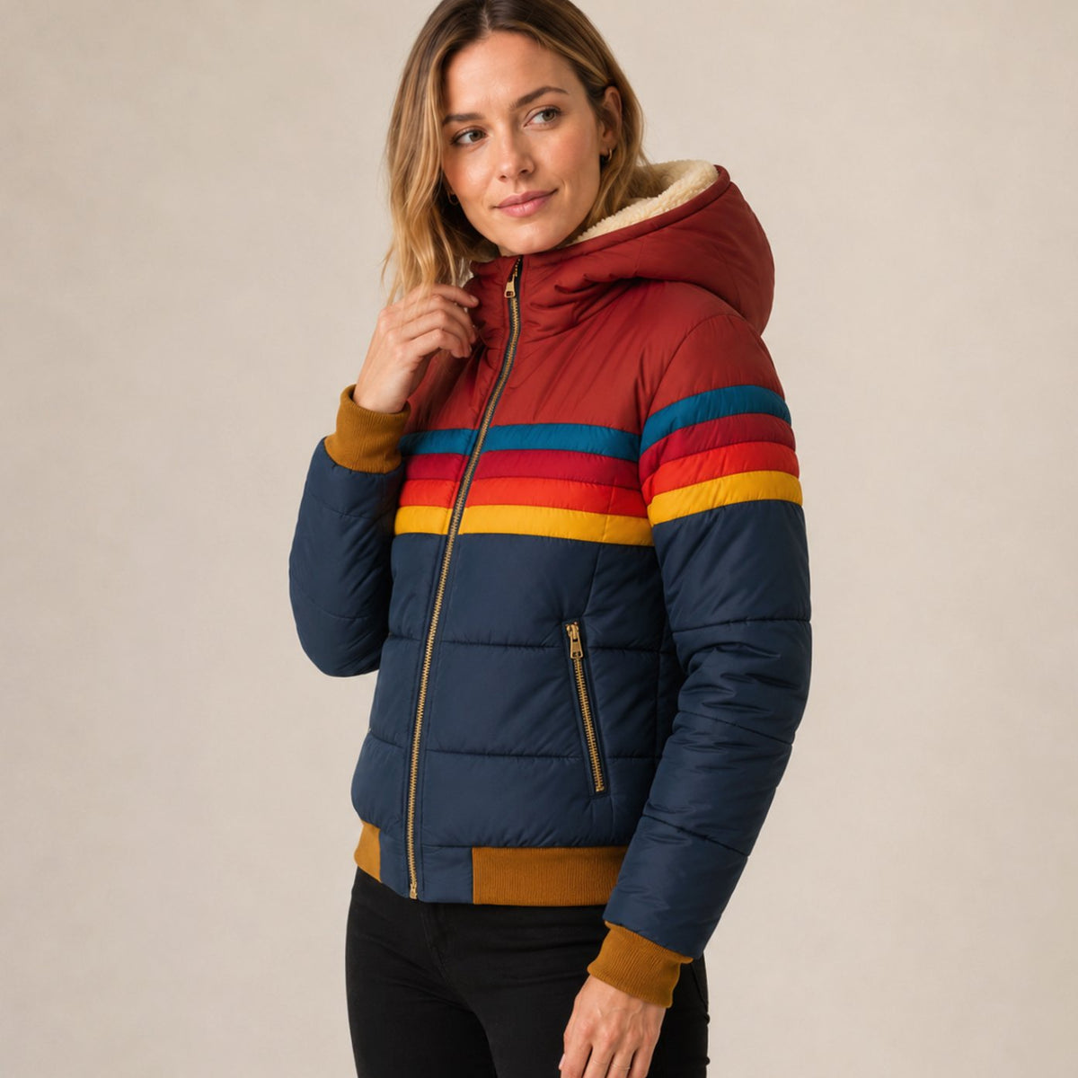 Women's Waterproof Insulated Striped Hooded Puffer Jacket