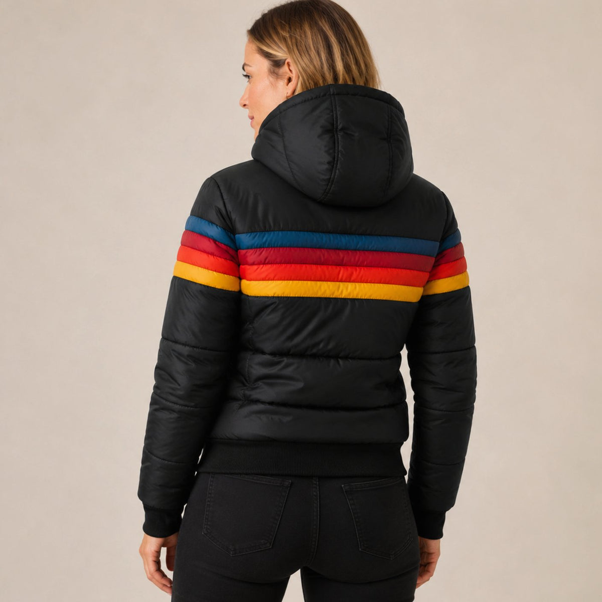 Women's Waterproof Insulated Striped Hooded Puffer Jacket