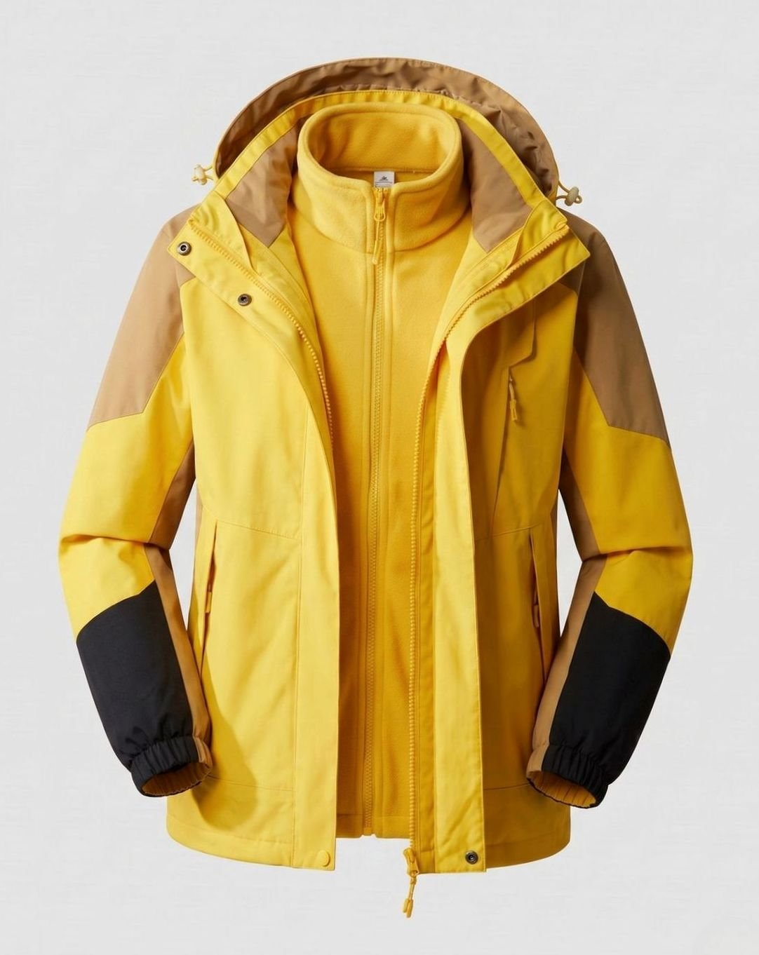 Women's Waterproof Two-Layer Hooded Outdoor Jacket Adjustable Hem - Men Orange-Yellow (2-Piece Set)