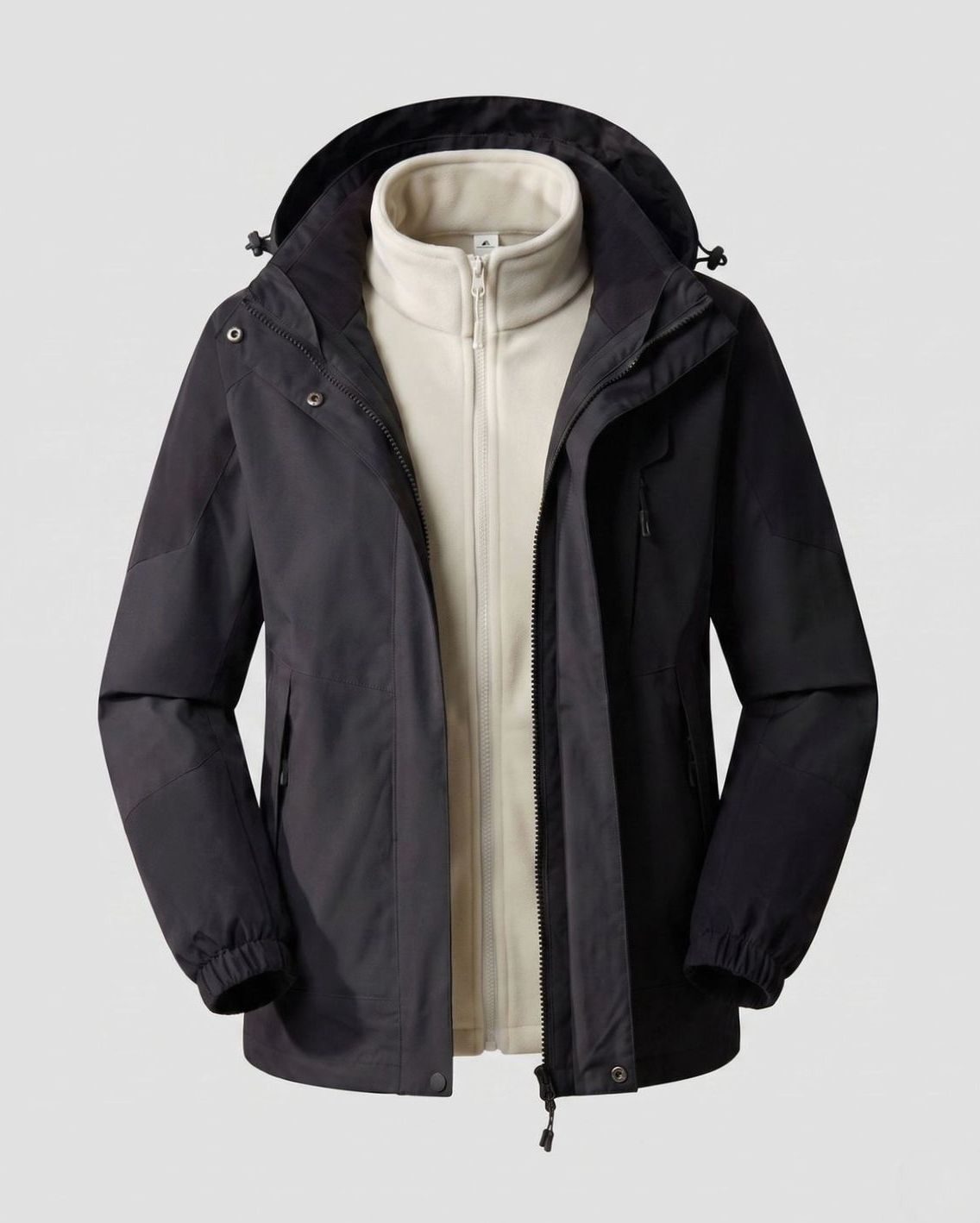 Women's Waterproof Two-Layer Hooded Outdoor Jacket Adjustable Hem - Men Black (Single)