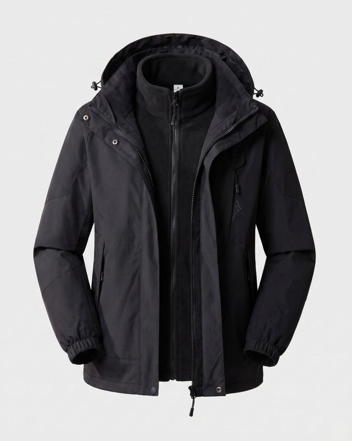 Women's Waterproof Two-Layer Hooded Outdoor Jacket Adjustable Hem - Men Black (2-Piece Set)