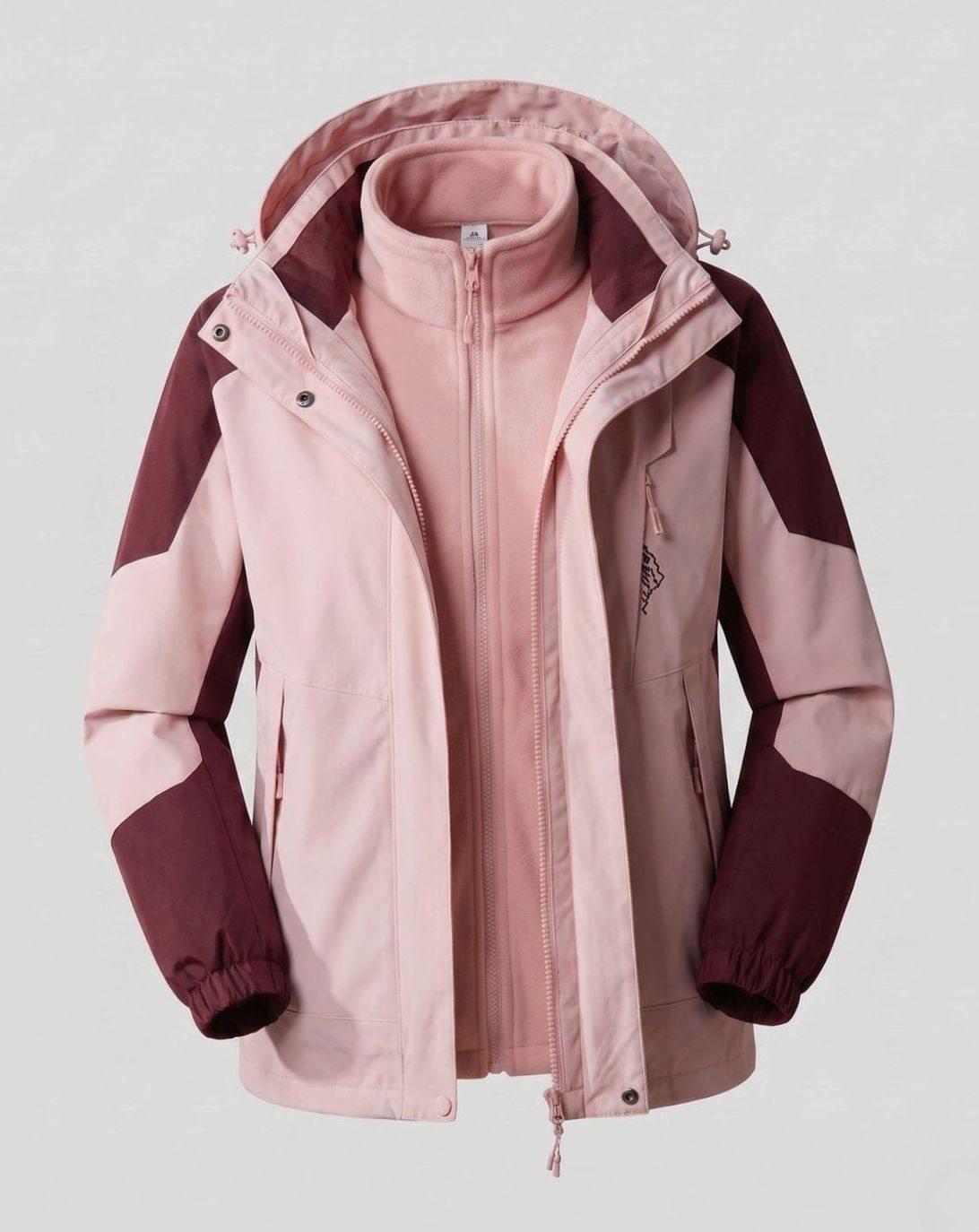 Women's Waterproof Two-Layer Hooded Outdoor Jacket Adjustable Hem - Women Pink-Wine Red (2-Piece Set)