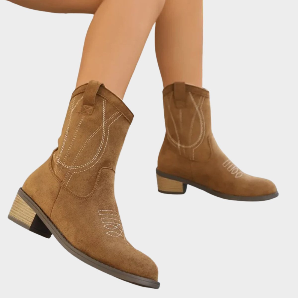 Women's Western Cowboy Suede Mid-Calf Ankle Boots - Khaki