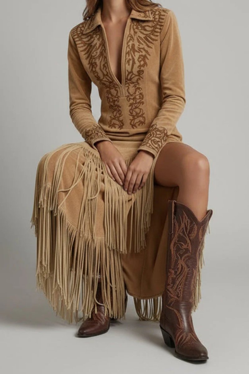 Women's Western Fringe Long-Sleeve Embroidered Evening Gown - Light brown